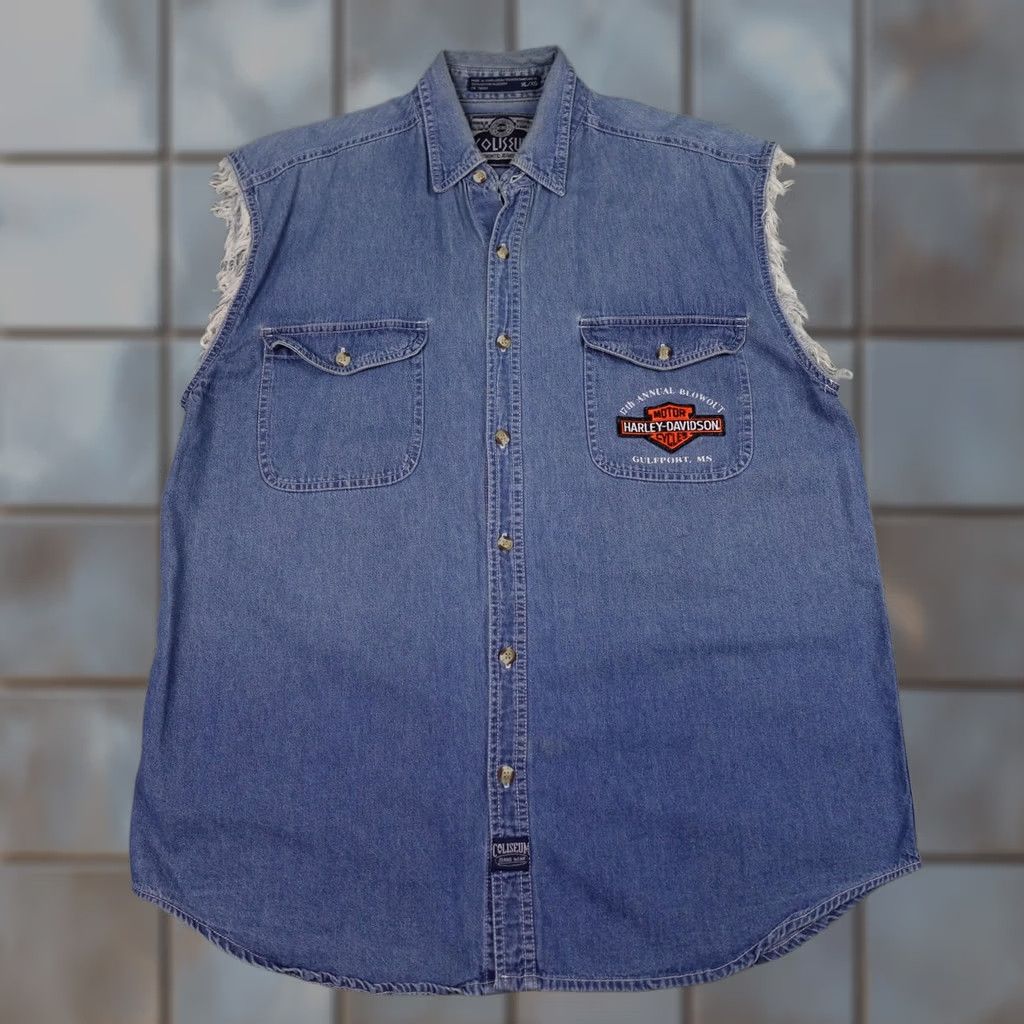 Born VINTAGE Coliseum Mens XL Blue Denim Sleeveless Eagle Motorcycle Shirt Size US XL / EU 56 / 4 - 1 Thumbnail
