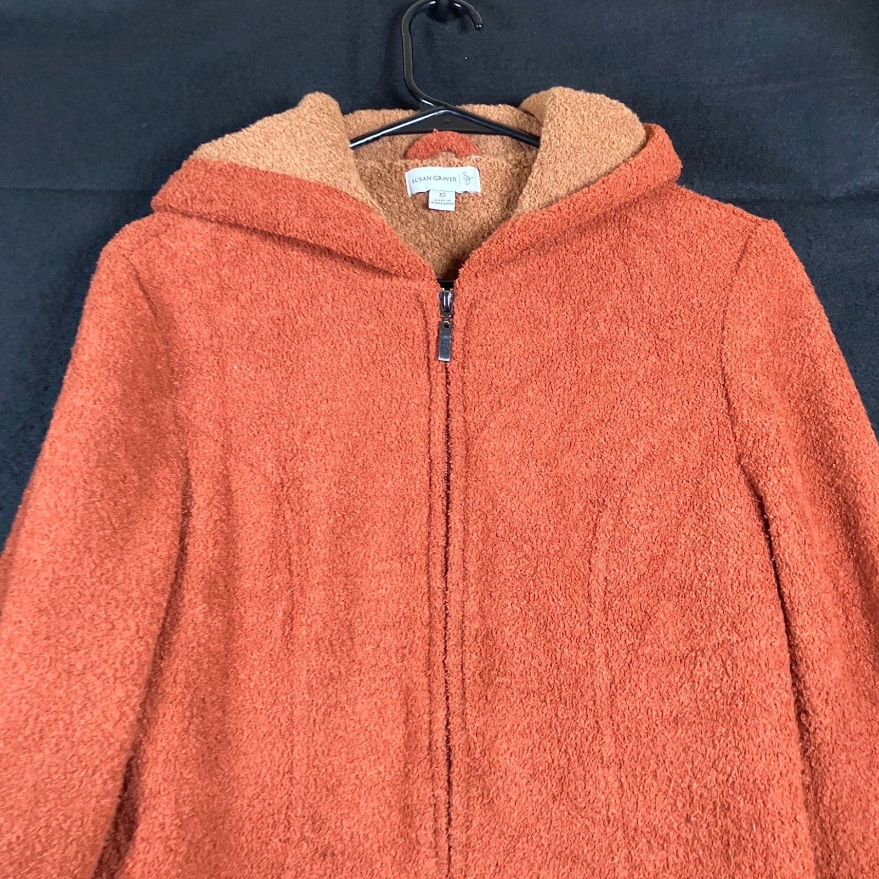 Vintage Susan Graver Womens Coat Orange Hooded Full Zip Faux Leather Trim Fleece XS Size XS / US 0-2 / IT 36-38 - 2 Thumbnail