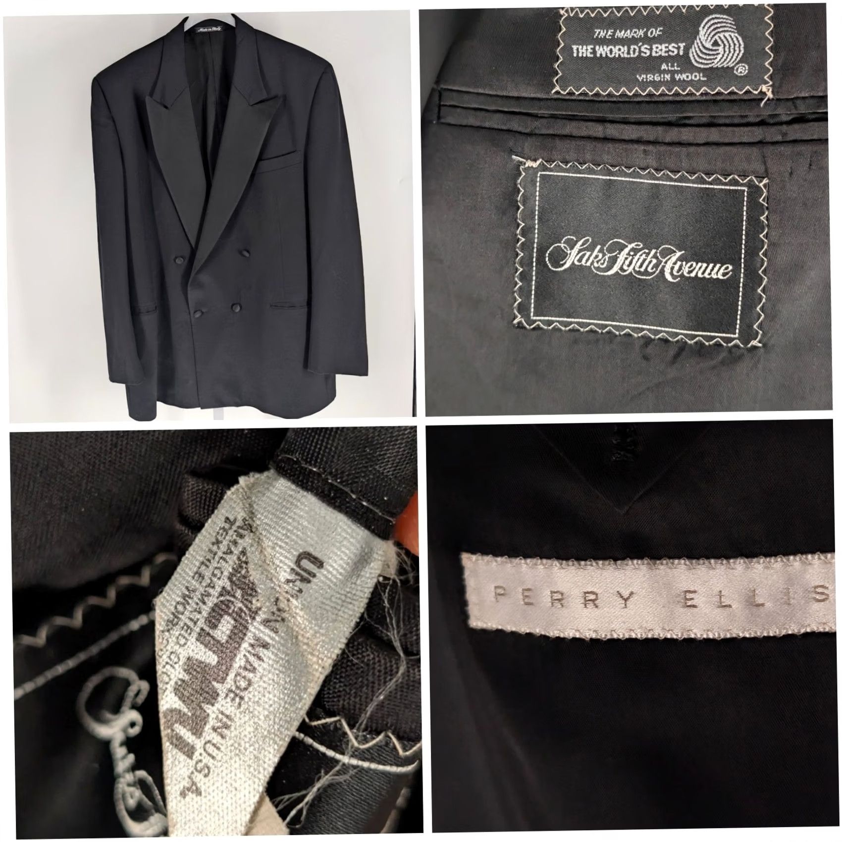 Perry Ellis VINTAGE Perry Ellis Saks Fifth Avenue Virgin Wool Tuxedo Jacket USA Blazer 1980s Double Breasted Mens 44 Chest Satin Lapels Size 44R - 2 Thumbnail