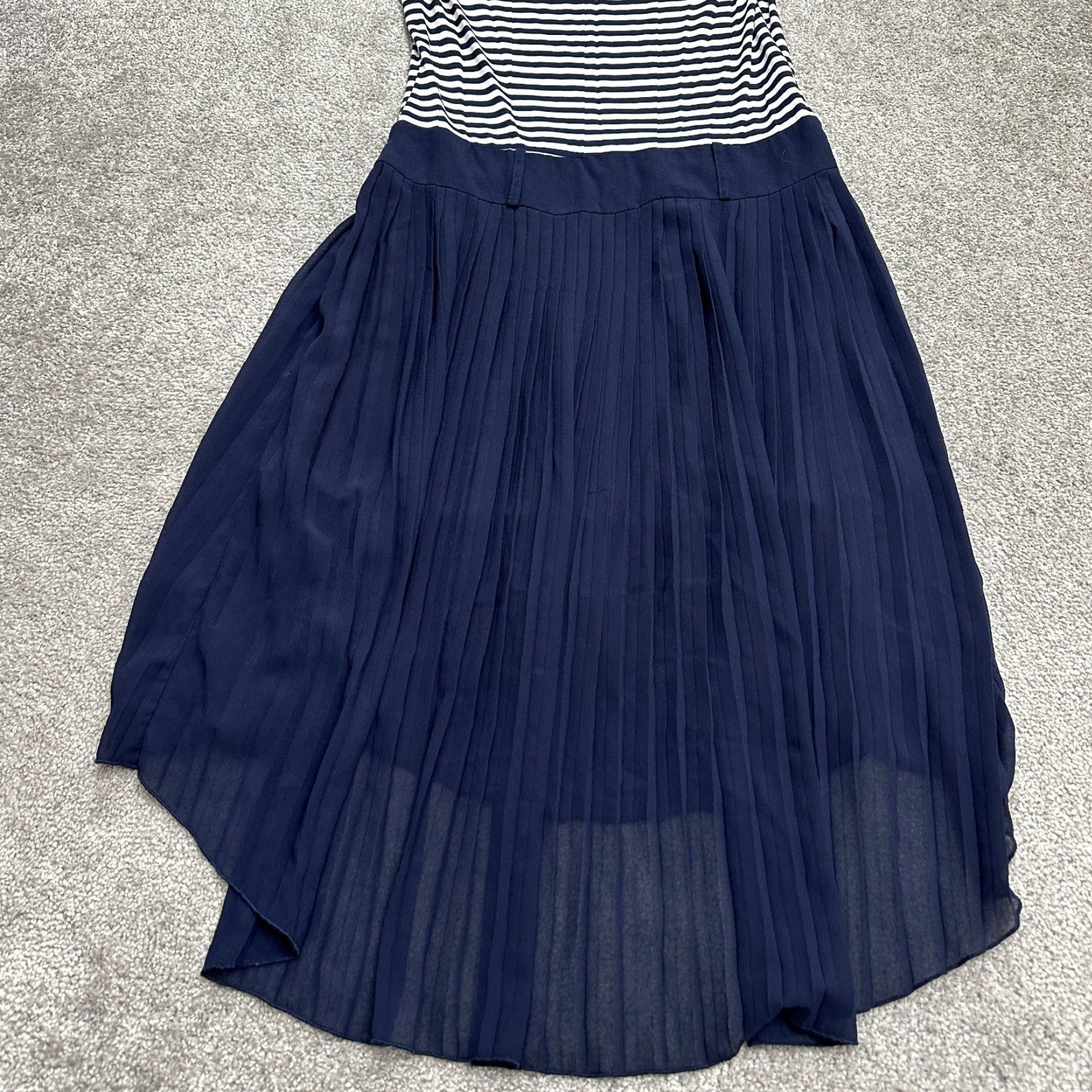 Vintage Avonan Dress Womens A-Line Midi Striped Blue White Cap Sleeve Pleated Size L / US 10 / IT 46 - 5 Thumbnail