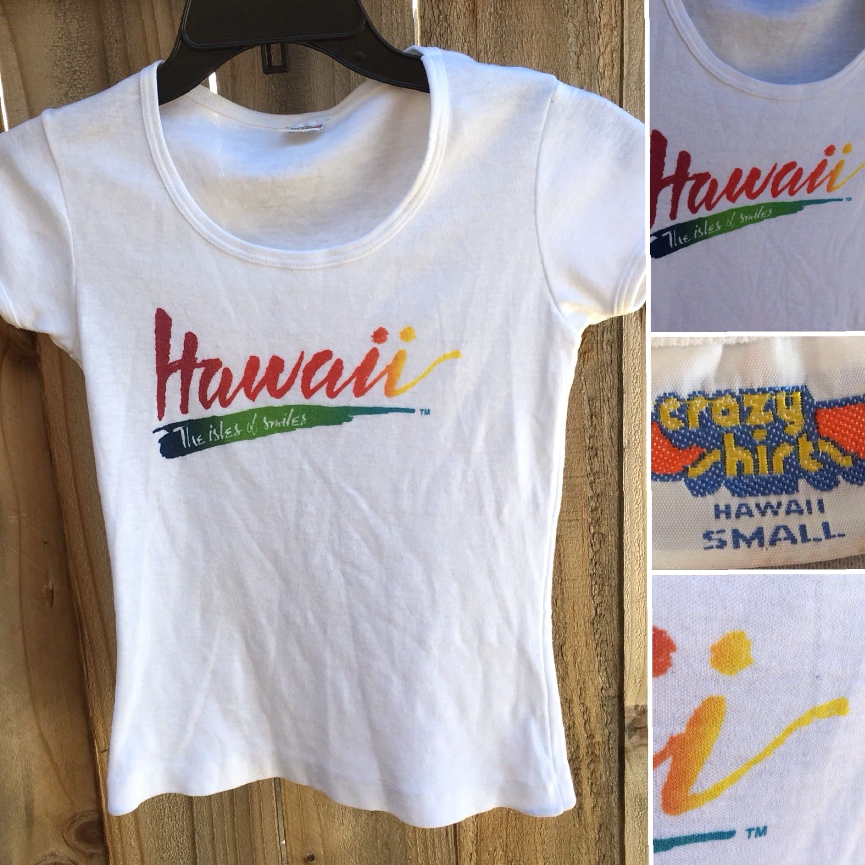 Vintage VINTAGE Crazy Shirts Hawaii The Isles Of Smiles T-Shirt 70s 80s Rainbow Letter S Shirt Womens Small White Cotton Blend Graphic Sportswear/Beach Size S / US 4 / IT 40 - 3 Thumbnail