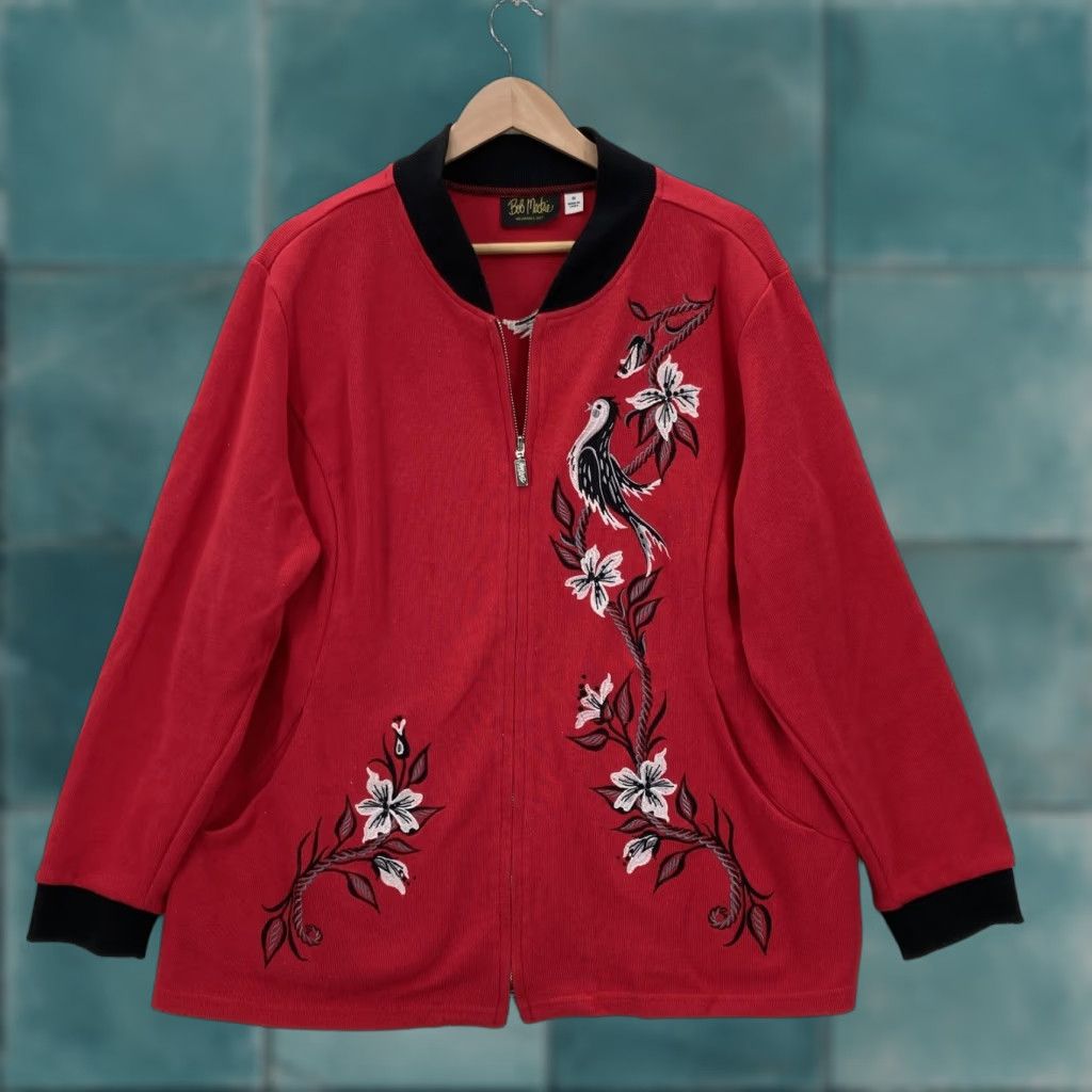 Bob Mackie VINTAGE Bob Mackie Wearable Art Sweater Womens 1X Red Zip Up Embroidered Bird Floral Size XL / US 12-14 / IT 48-50 - 1 Thumbnail