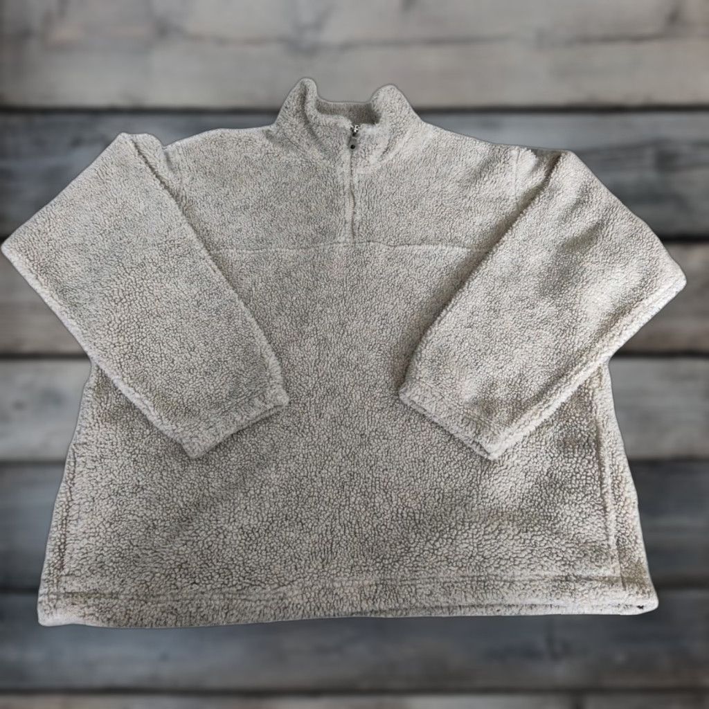 Lands' End VINTAGE Lands' End Deep Pile Fleece Pullover Sweatshirt L Women Tan 90s Theme 1/4 Zip Mock Neck Activewear Hiking Running Walking Size L / US 10 / IT 46 - 1 Thumbnail