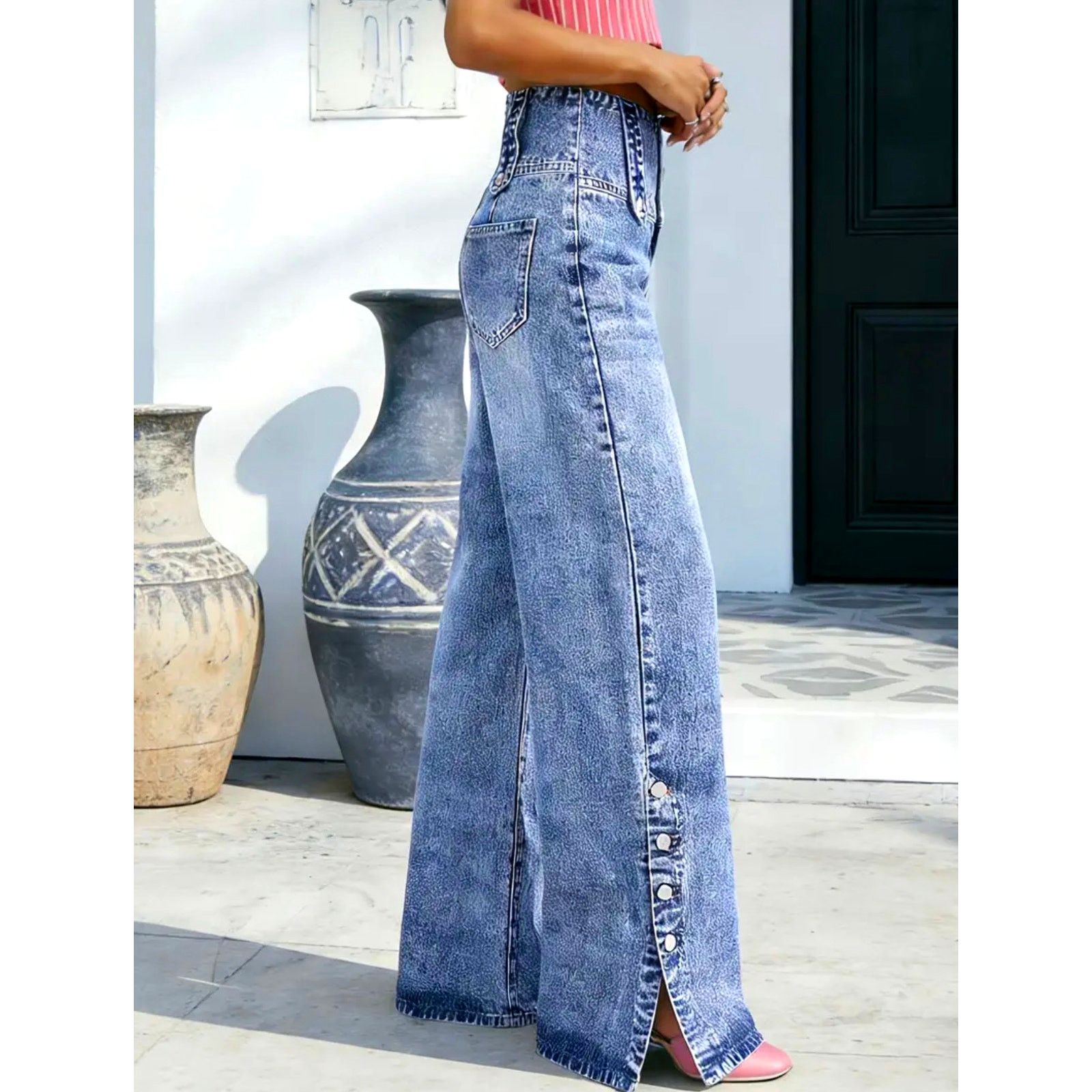 Other Casual High Waist Wide Leg Jeans Button Down Calf Blue 14 Size 36" / US 14 / IT 50 - 4 Thumbnail