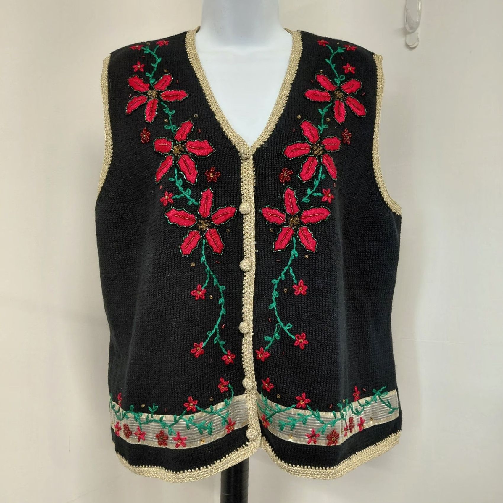 Vintage Vtg Studio Joy Vest Women’s P/XL Embellished Floral Christmas Knit Sleeveless Sweater Vest Size XL / US 12-14 / IT 48-50 - 2 Thumbnail