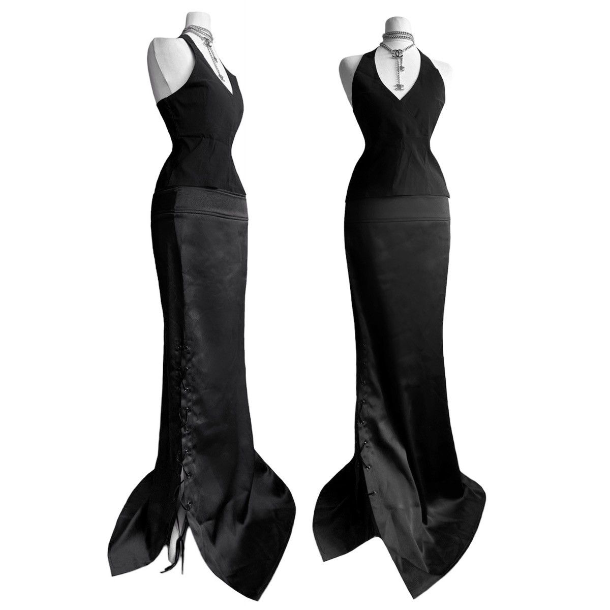 image of Vampire Vintage Set Satin Skirt With Corset Details + Top in Black, Women's (Size Small)