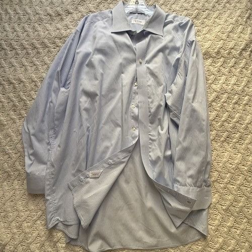Eton ETON Men's Dress Shirt Blue Striped Cotton Custom Made $450 Size 36R - 2 Thumbnail