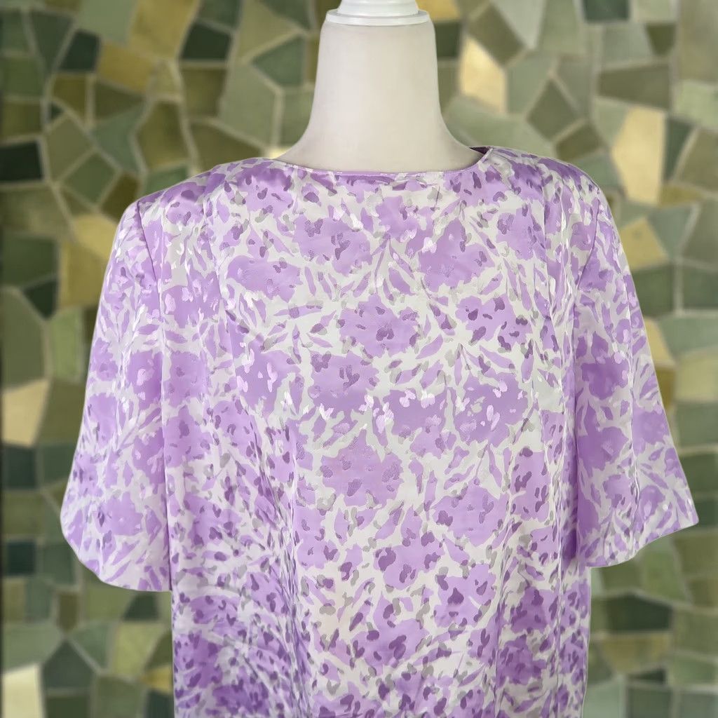 Vintage VINTAGE 80s Lavender Purple White Abstract Floral Satin Midi Dress Womens XL Short Sleeve Shift Size XL / US 12-14 / IT 48-50 - 1 Thumbnail