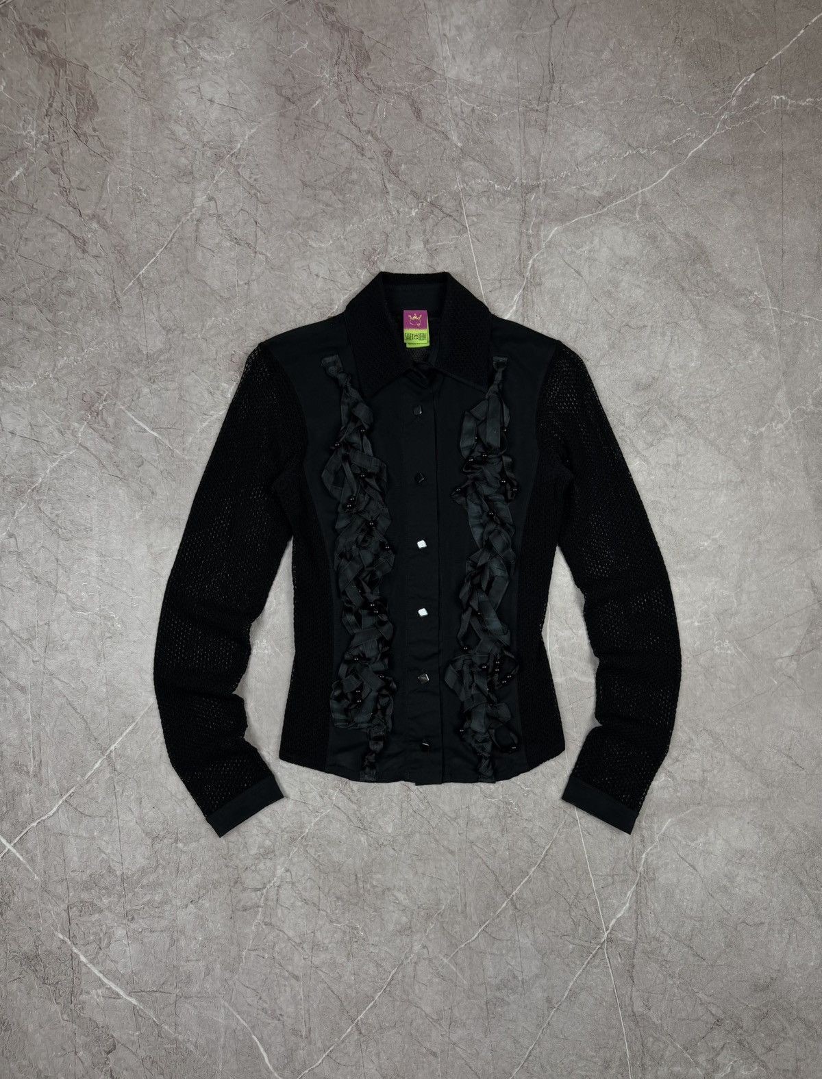 Jean Paul Gaultier Vintage Save The Queen! Mesh & Lace Gothic Ruffle Blouse Size S / US 4 / IT 40 - 1 Thumbnail