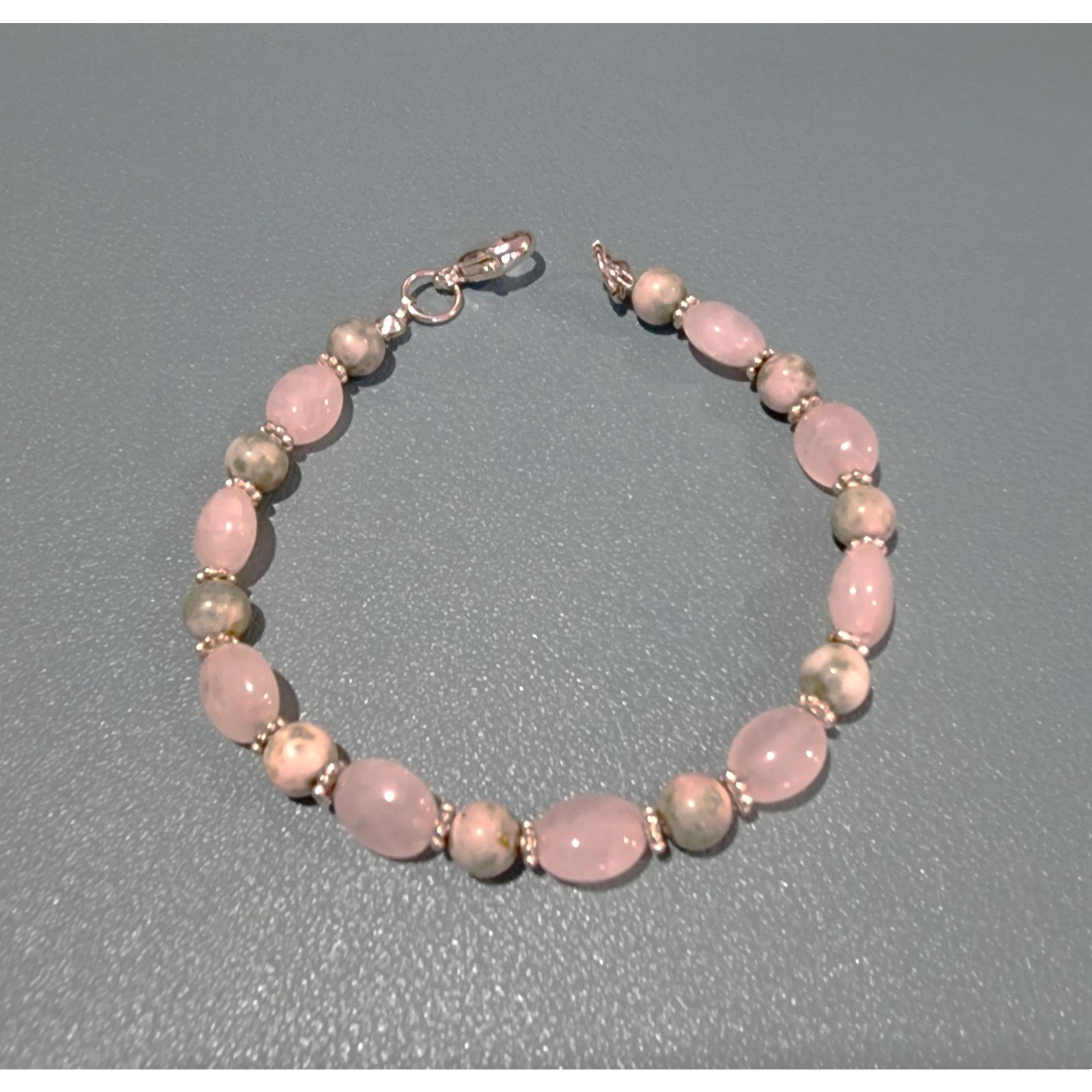 Vintage Sterling Silver Polished Rose Quartz Unakite Beaded Bracelet Size ONE SIZE - 3 Thumbnail