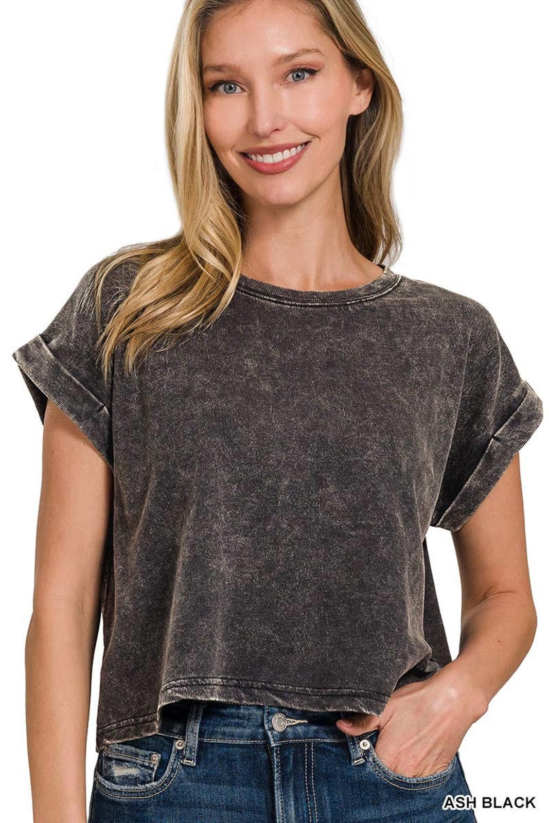 Other Acid Wash Cotton Folded Sleeve Top Zenana (Violet) Size S / US 4 / IT 40 - 9 Thumbnail