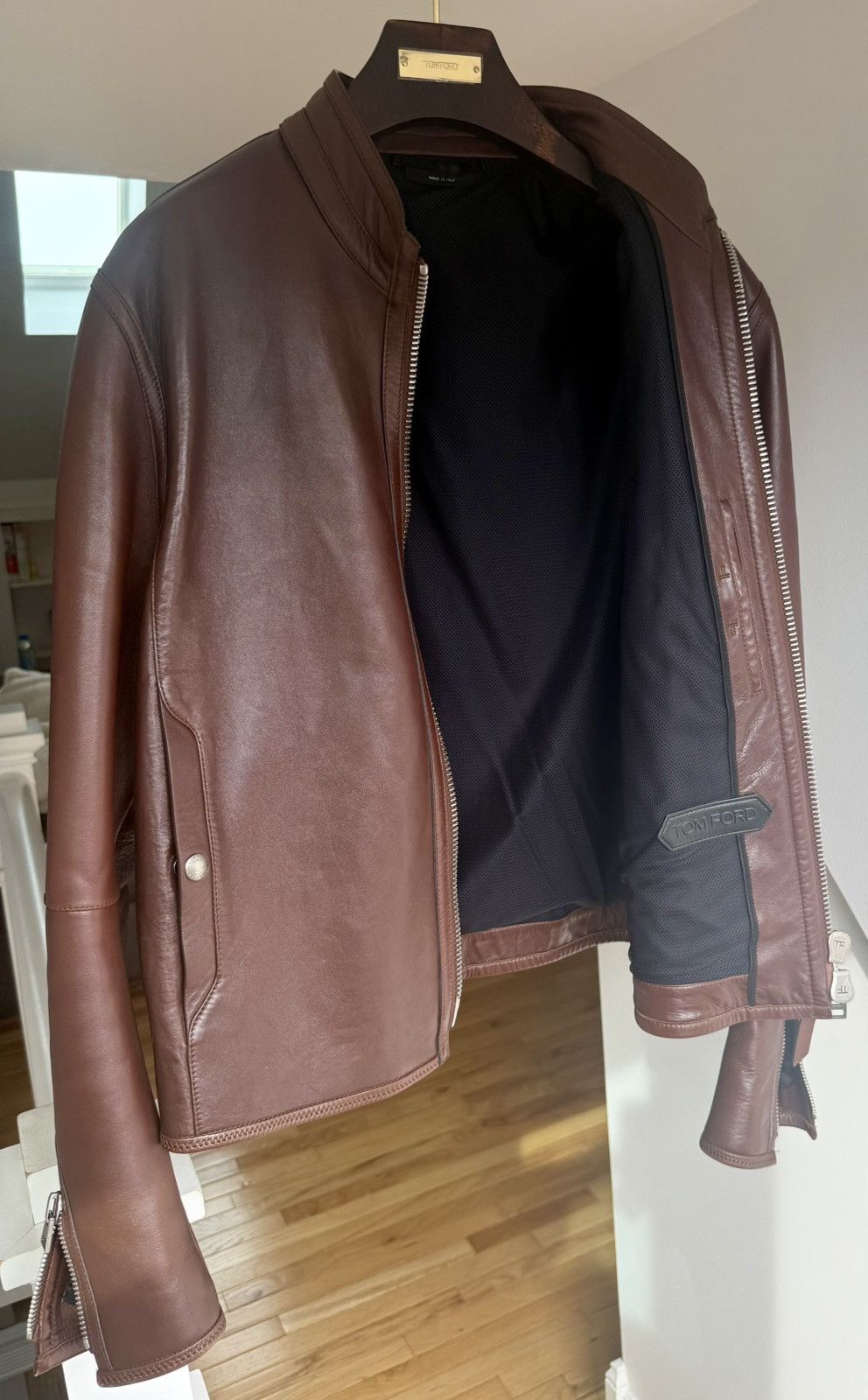 Tom Ford Tom Ford Plongé Leather Racer Jacket TFL717-BU401 Brown Size US XXL / EU 58 / 5 - 11 Thumbnail