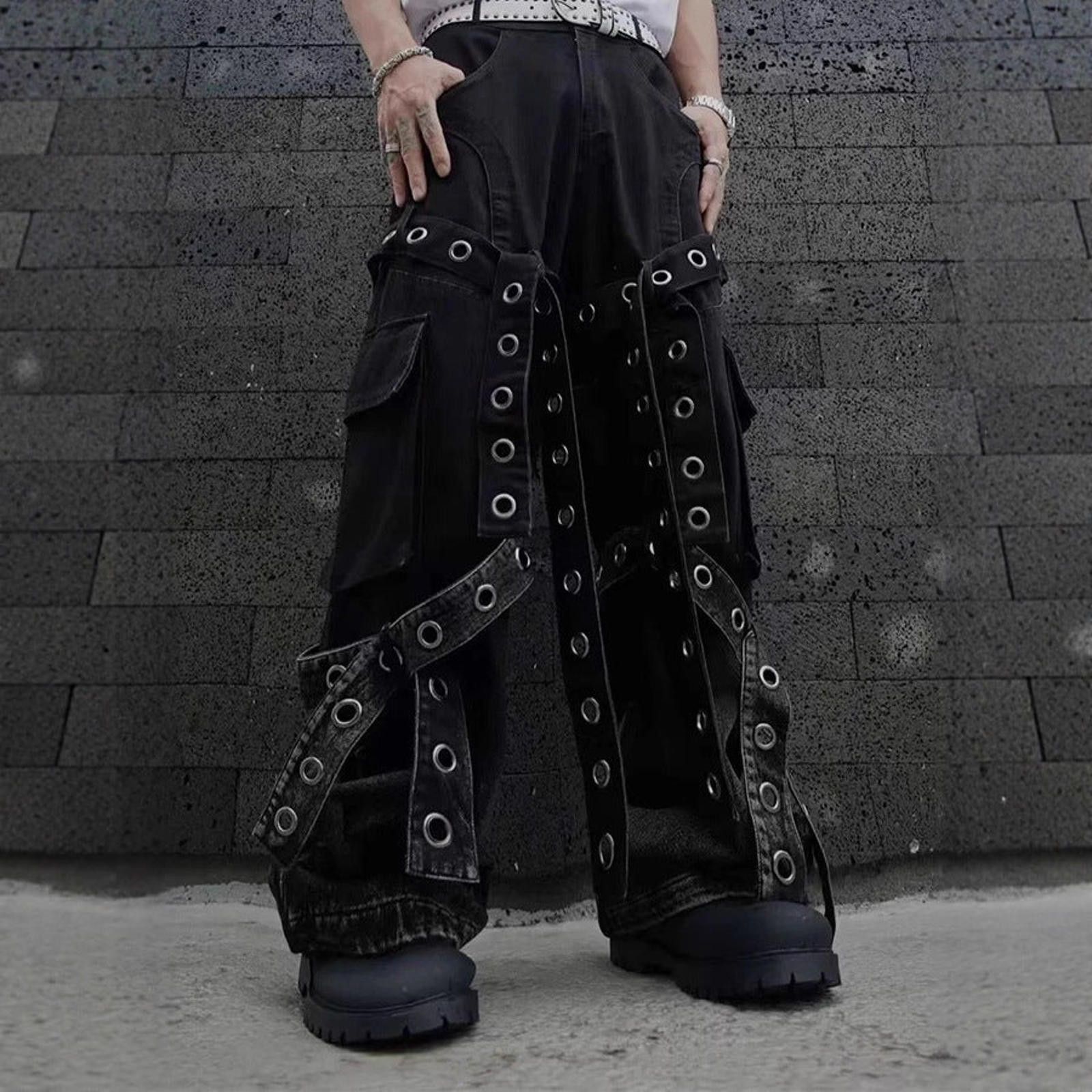Japanese Brand Black Harness Cargo Pants - Multi-Strap Gothic Denim Size US 32 / EU 48 - 3 Thumbnail
