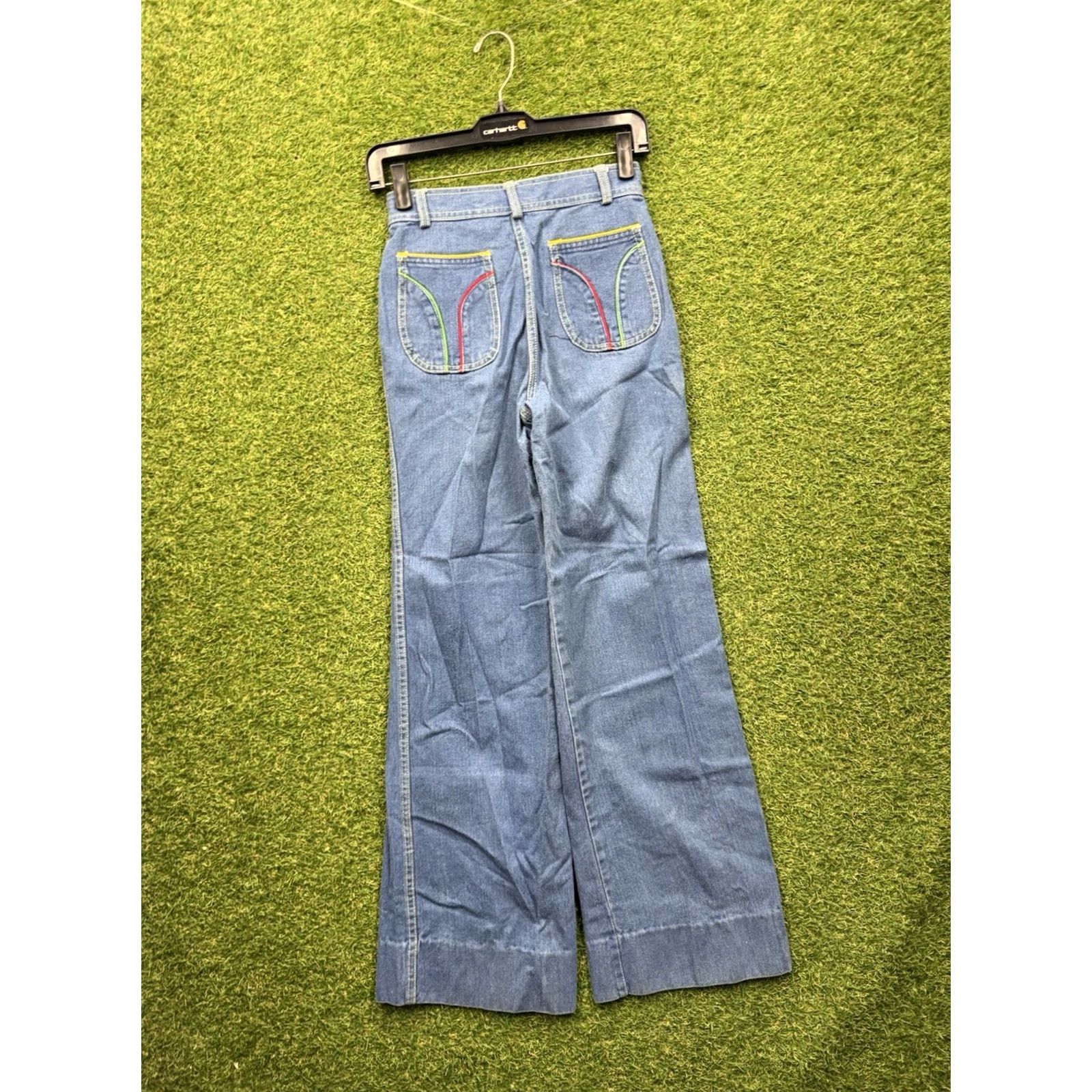 Wrangler VINTAGE Wrangler Bell Bottom Jeans Womens 24x30 Pink Stripe Pockets Boho Stretch Denim Blue 1970s Mens Wom... Size 25" / US 0 / IT 36 - 2 Thumbnail