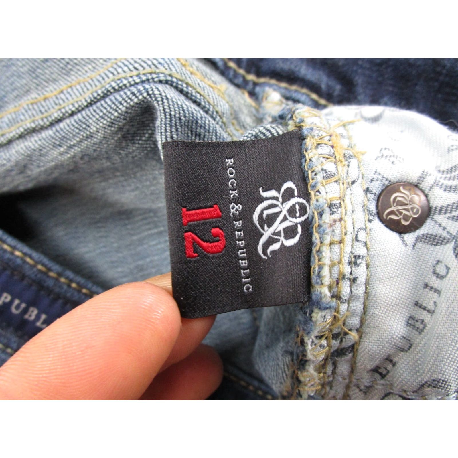 Vintage Rock & Republic Jeans Straight Denim Blue Stretch Size 12 Dark Wash Women Regular Pockets 5-T Size 34" / US 12 / IT 48 - 5 Thumbnail