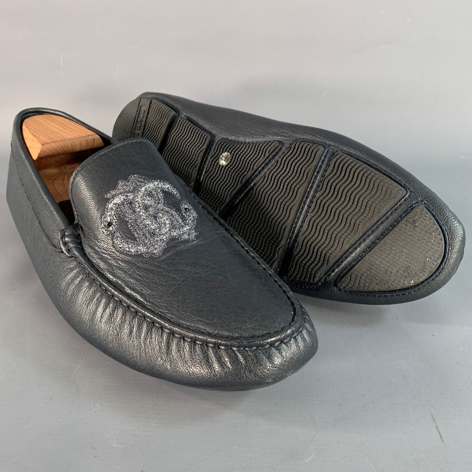 Roberto Cavalli 11.5 Navy Silver Logo Embroidery Leather Drivers Loafers Size US 11.5 / EU 44-45 - 5 Thumbnail