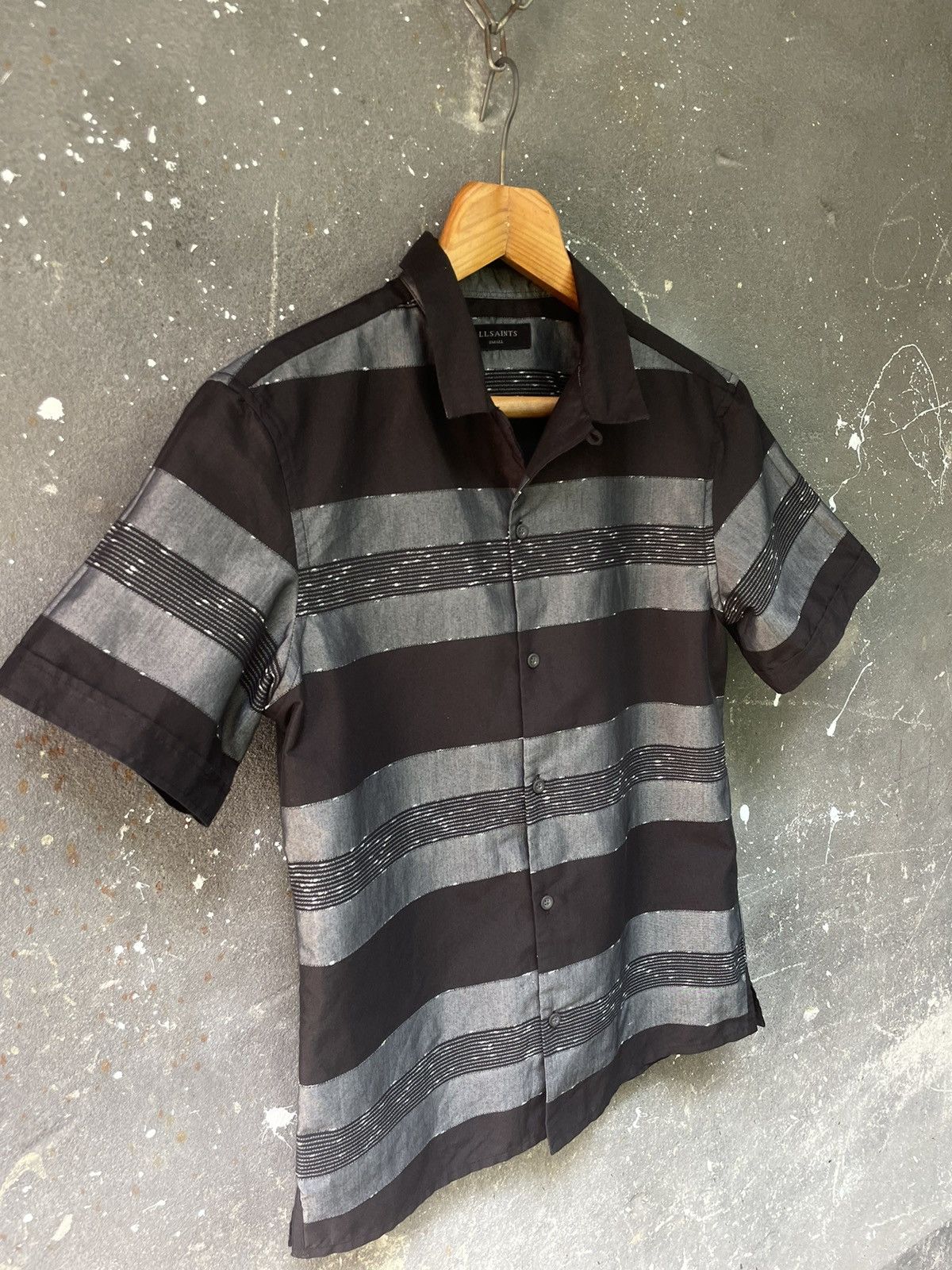 Allsaints AllSaints Gabon Grey Black Stripe SS Shirt Up Short Sleeve Size US S / EU 44-46 / 1 - 2 Thumbnail