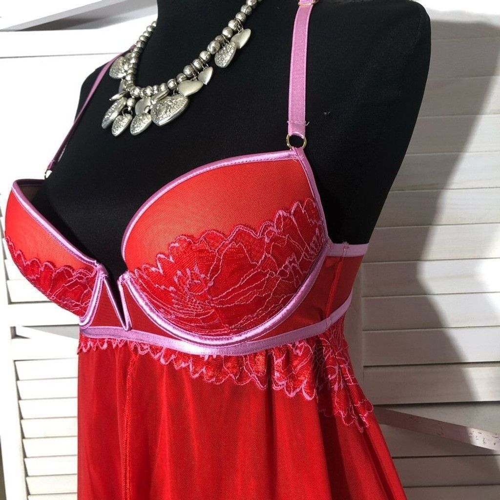 Vintage Auden Intimates Babydoll Padded bra Sheer Lace Mesh Red sz S Size ONE SIZE - 8 Thumbnail