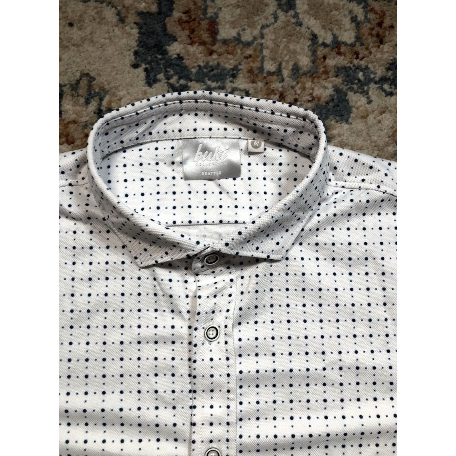 Vintage Buki Collection Shirt Mens Medium White Navy Dot Short Sleeve Button Up Seattle Size US M / EU 48-50 / 2 - 2 Thumbnail