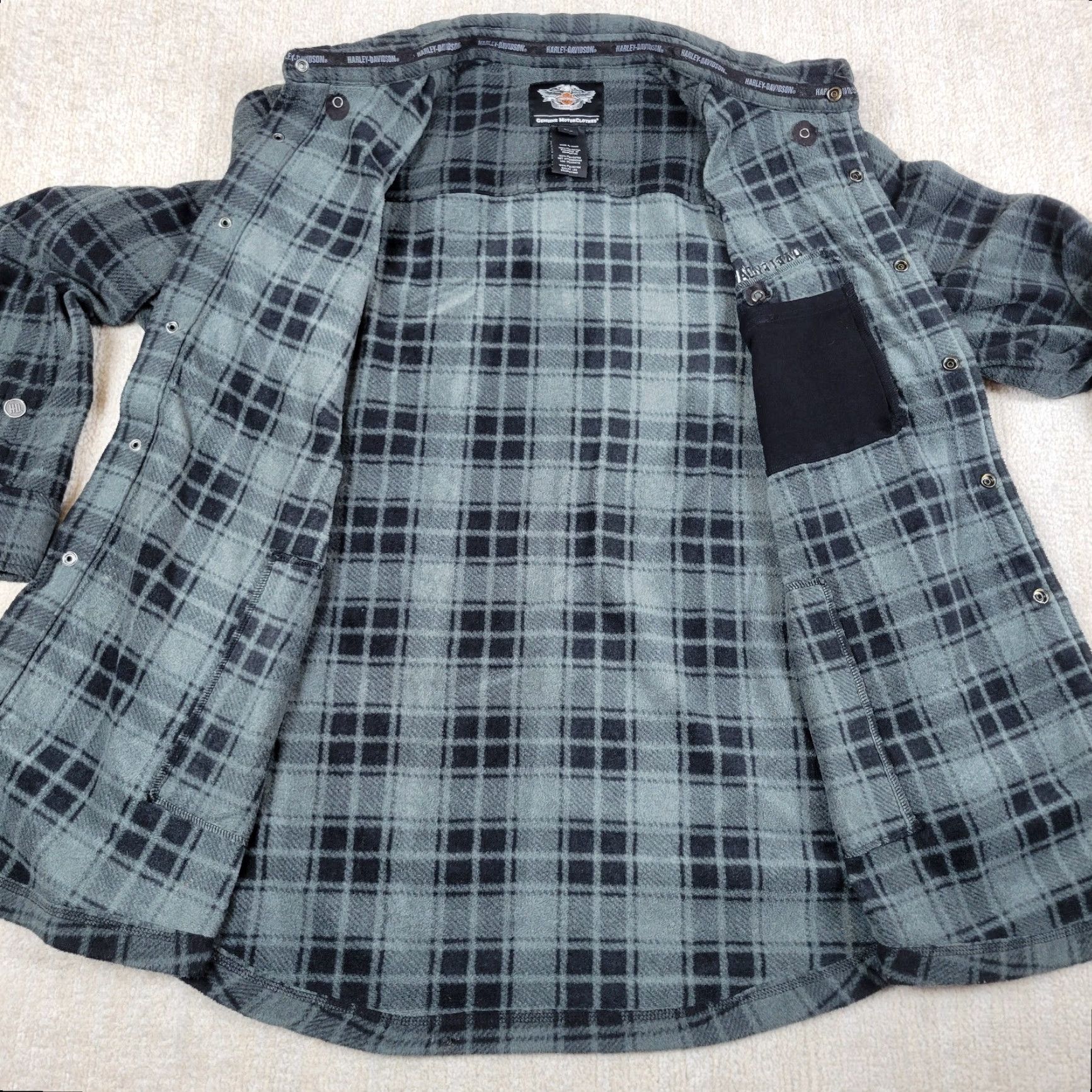 Harley Davidson Harley-Davidson Shacket Mens 2XL Plaid Gray Black Fleece Snap Shirt Jacket Shacket Size US XXL / EU 58 / 5 - 3 Thumbnail