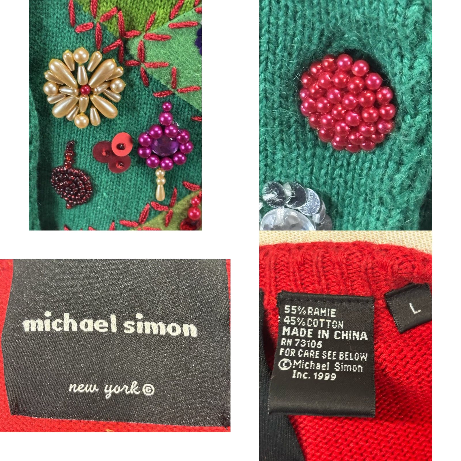 Simons VINTAGE Michael Simon Christmas Cardigan Sweater Women’s Large Red Beaded Knit Size L / US 10 / IT 46 - 8 Thumbnail