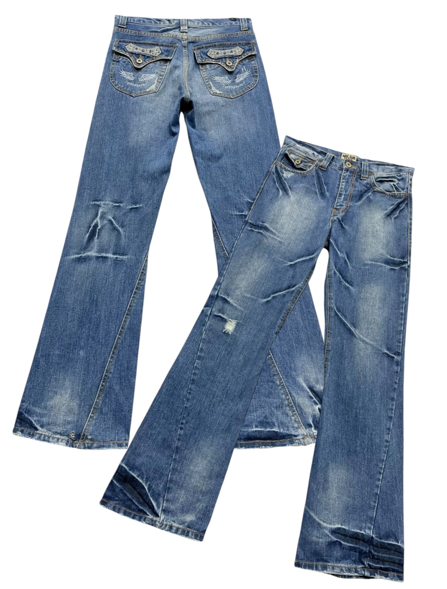 If Six Was Nine FYE🔥NYLAUS Clawmark Whisker Studded Gems Flap Flare Jeans Size US 30 / EU 46 - 1 Thumbnail