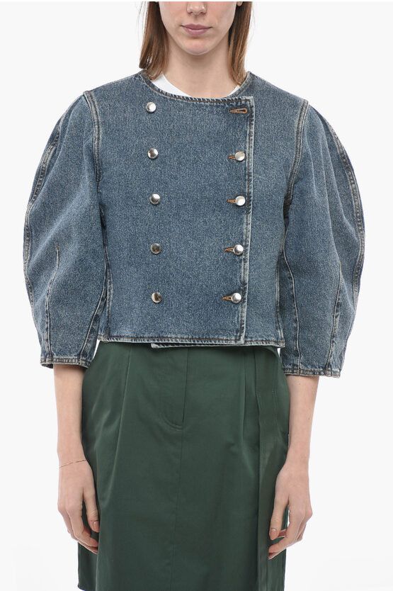 image of Chloe Double-Breasted Denim Jacket With 3/4 Sleeves in Blue, Women's (Size Medium)