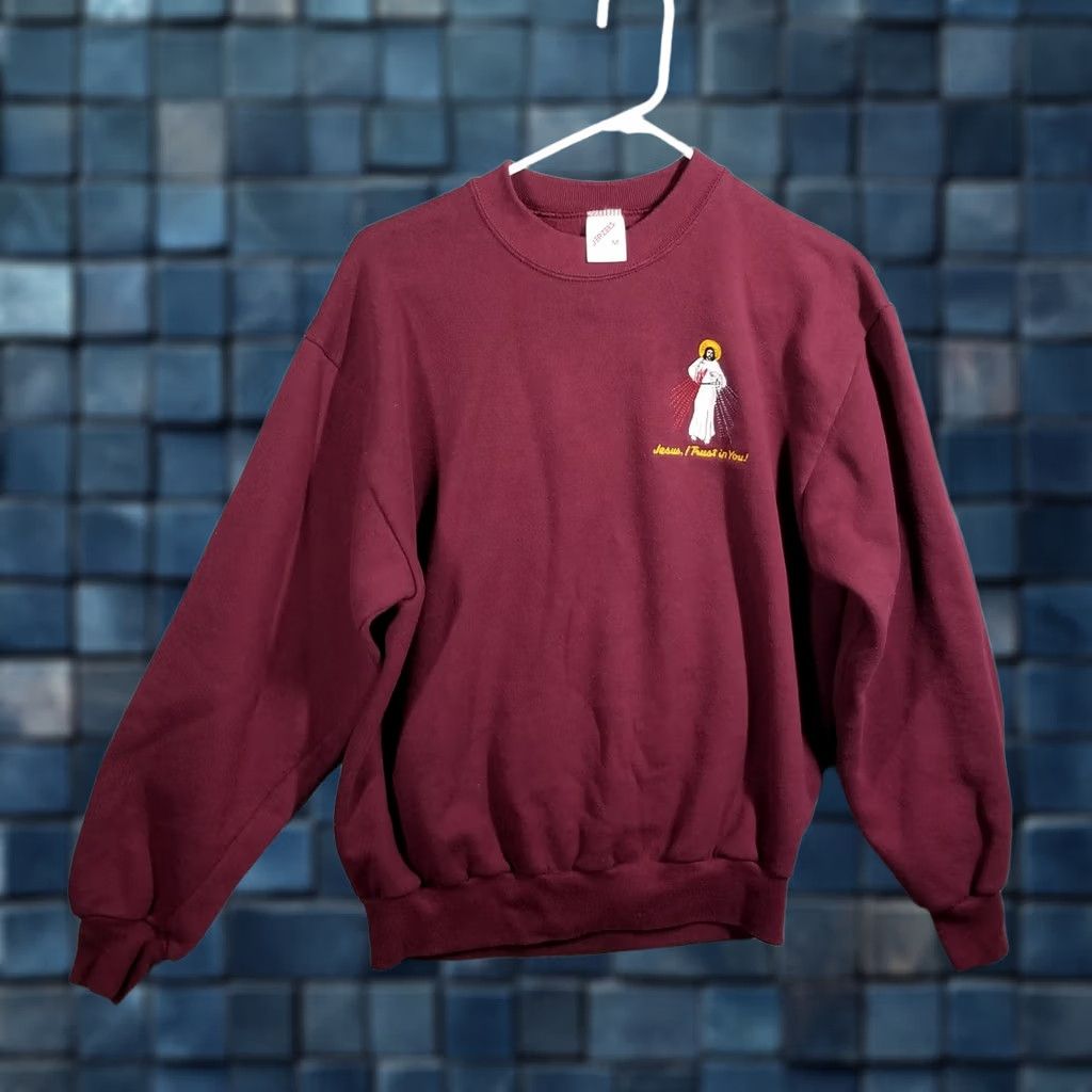 Fruit Of The Loom Vintage Jesus I Trust in You Crewneck Sweatshirt Medium Maroon 1990s Cotton Blend Mens Womens Boys Girls (adjust as applicable) Size US M / EU 48-50 / 2 - 1 Thumbnail