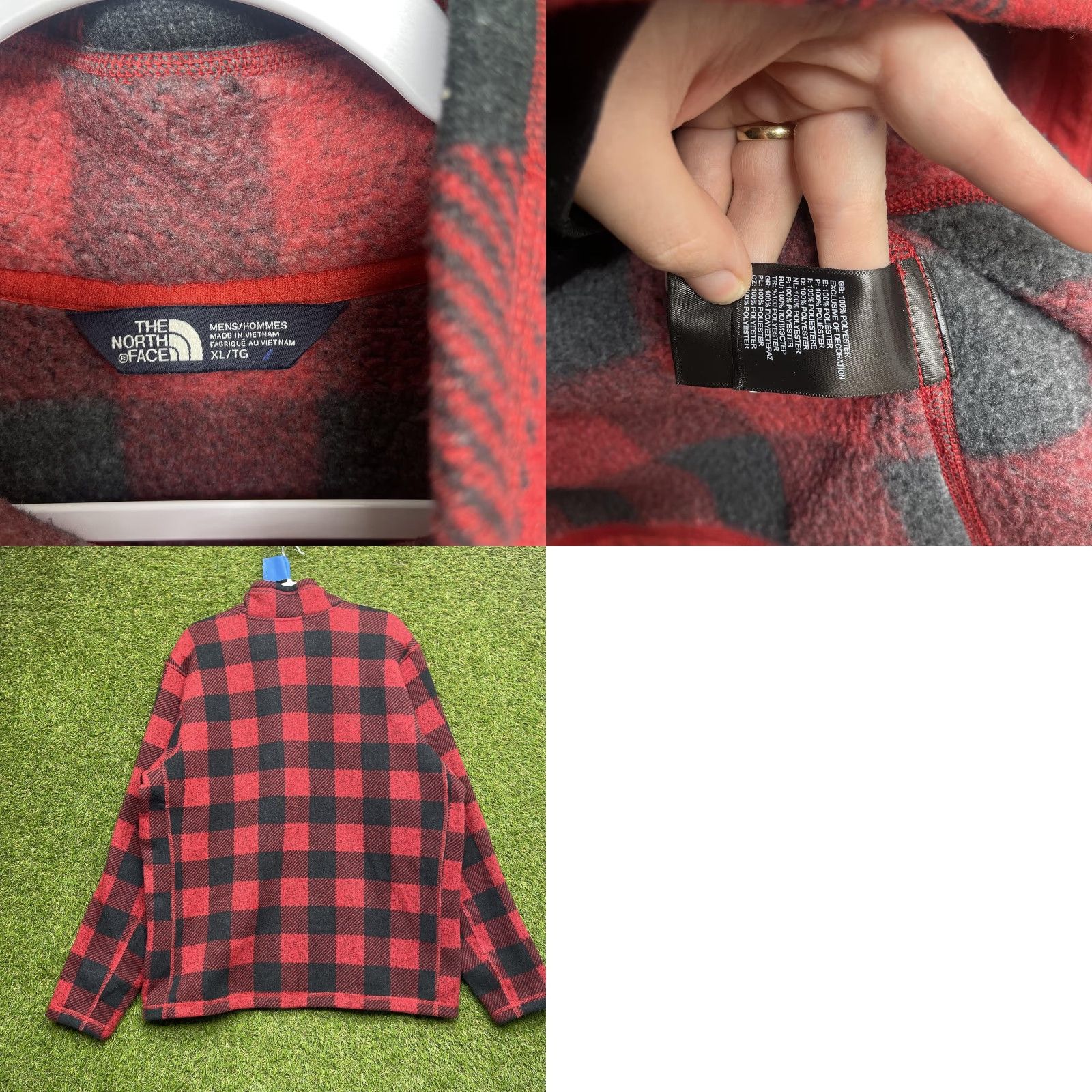 North Face Mens Sweatshirt XL Red Black Plaid Fleece 1/4 Zip Pullover Outdoor