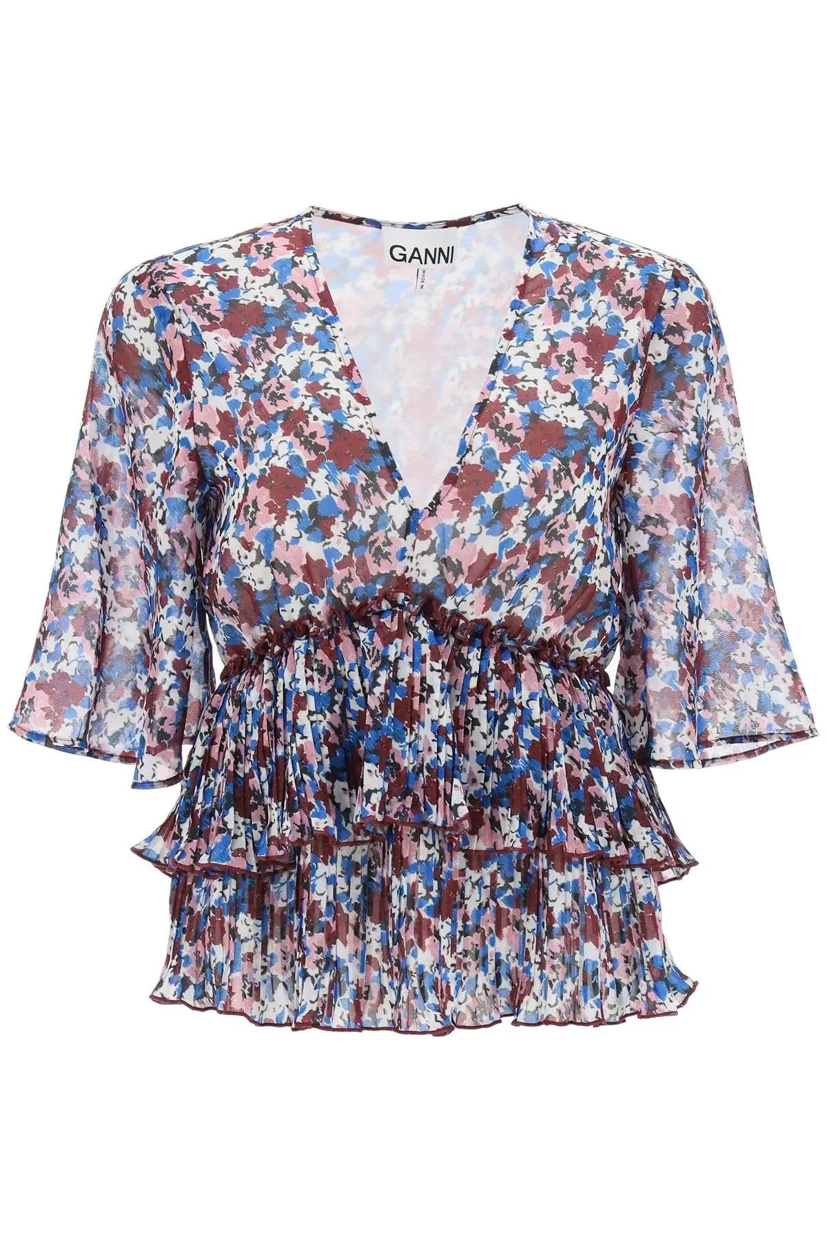 Image of Ganni O1S22I1N1223 Floral Motif Pleated Blouse In Multicolor, Women's (Size Small)