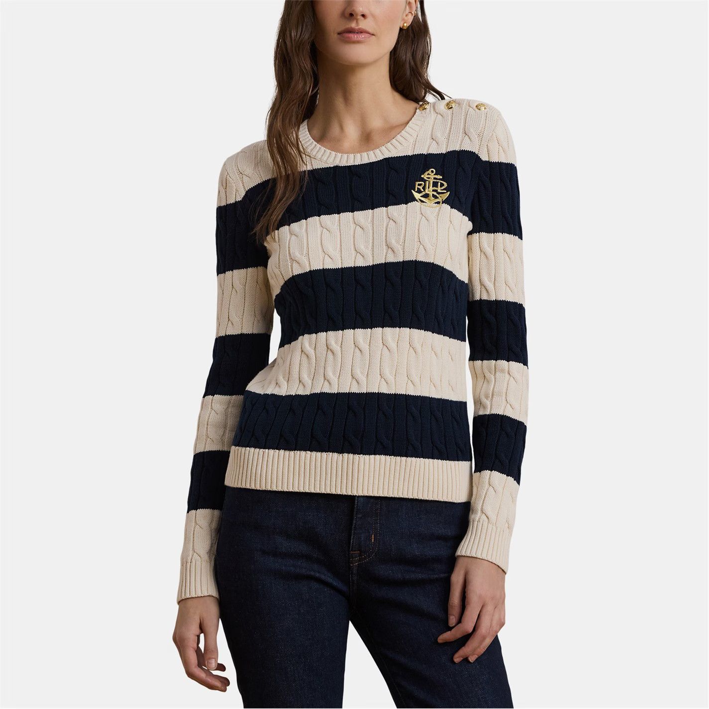 Lauren Ralph Lauren o1g2r1mq0825 Montiva Cable Knit Sweatshirt in Cream/Navy Size S / US 4 / IT 40 - 4 Thumbnail