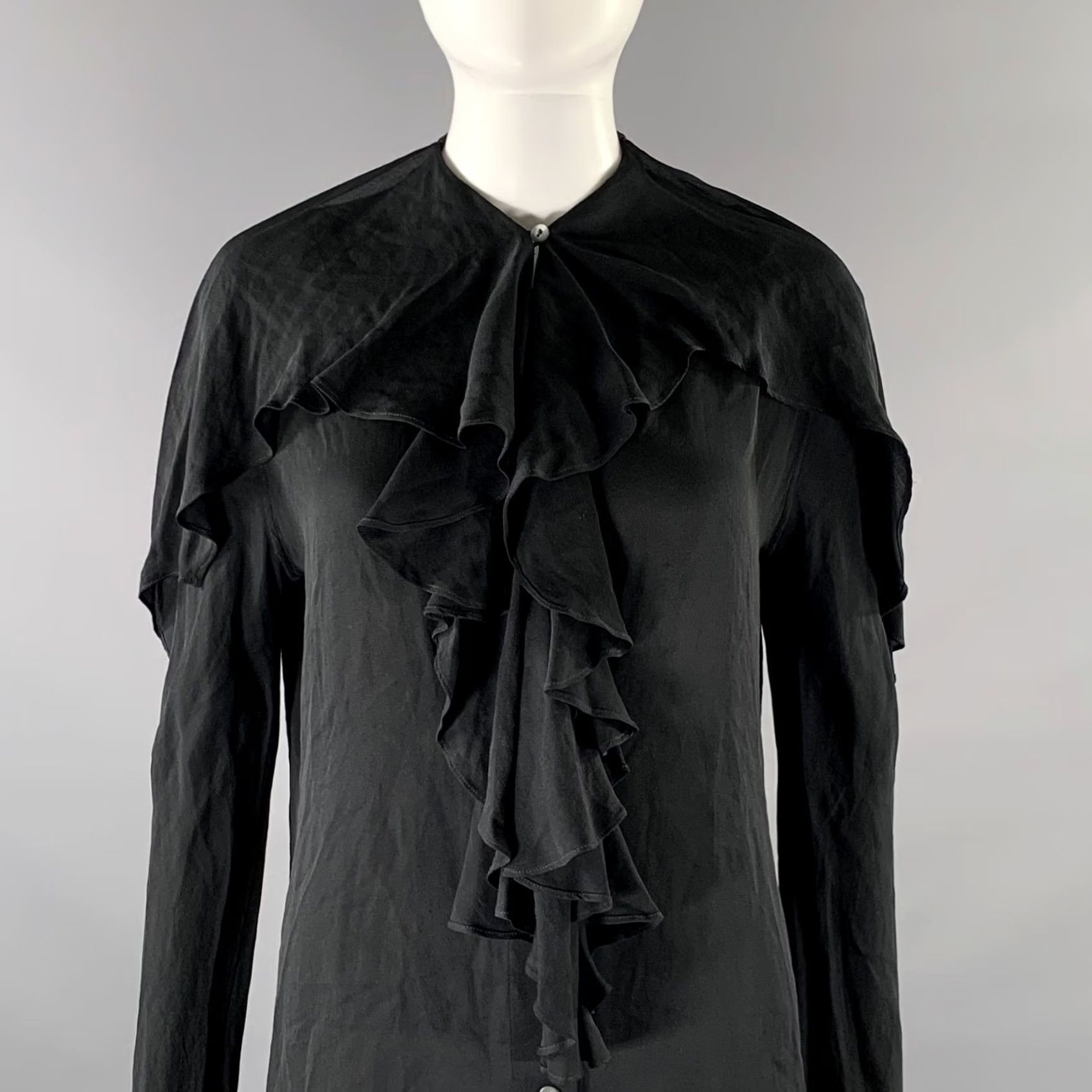Jil Sander JIL SANDER Size 0 Black Silk Ruffled Blouse Size XS / US 0-2 / IT 36-38 - 2 Thumbnail