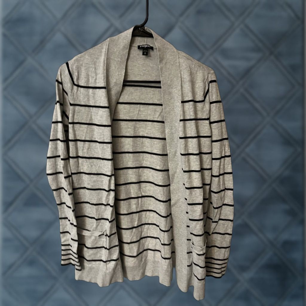 Express VINTAGE Express Gray Striped Long Sleeve Cardigan Sweater Women Size M Open Knit Lightweight Fall Winter Casual Size M / US 6-8 / IT 42-44 - 1 Thumbnail