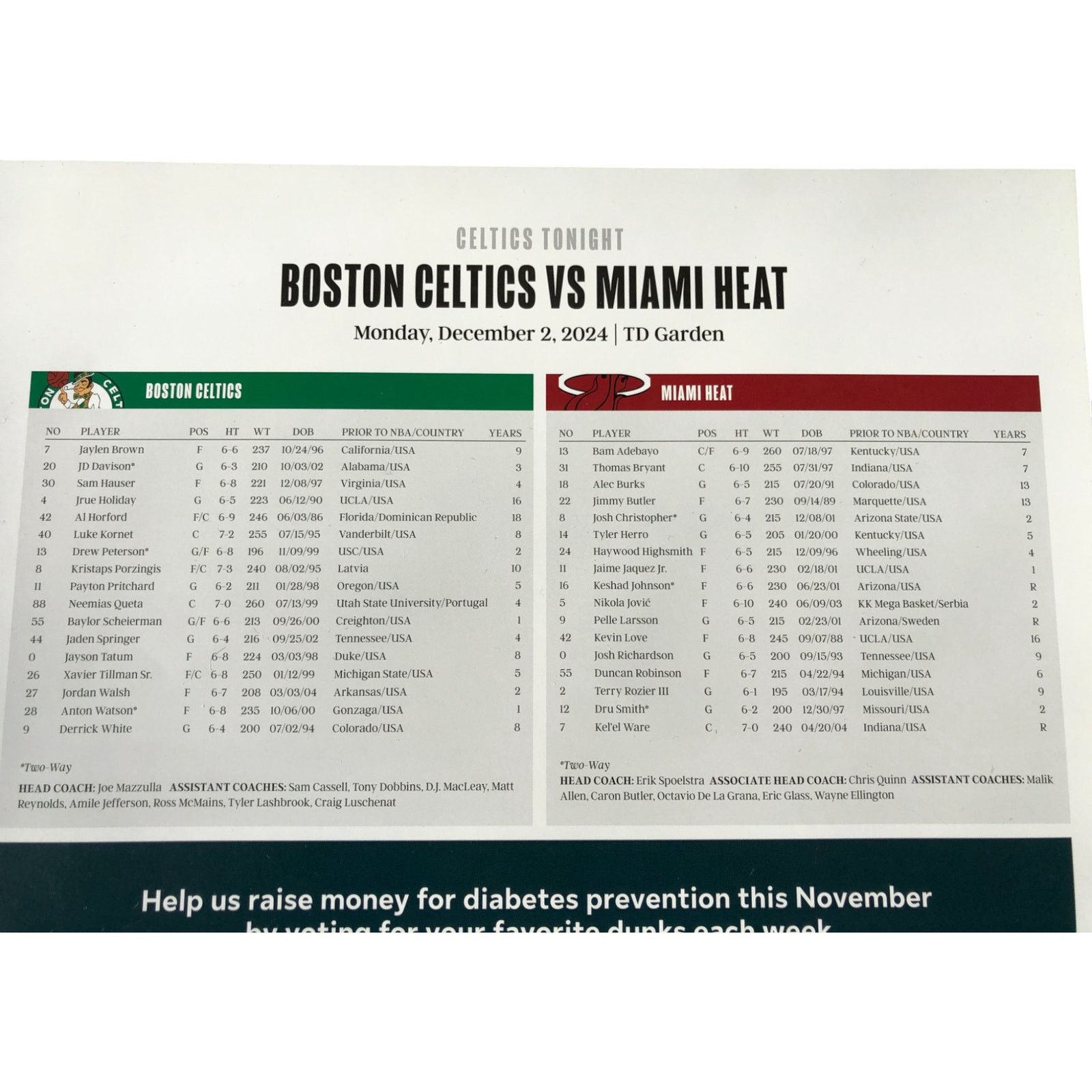 NBA Boston Celtics v Miami Heat 12/2/24 Roster Lineup Poster Size ONE SIZE - 8 Thumbnail