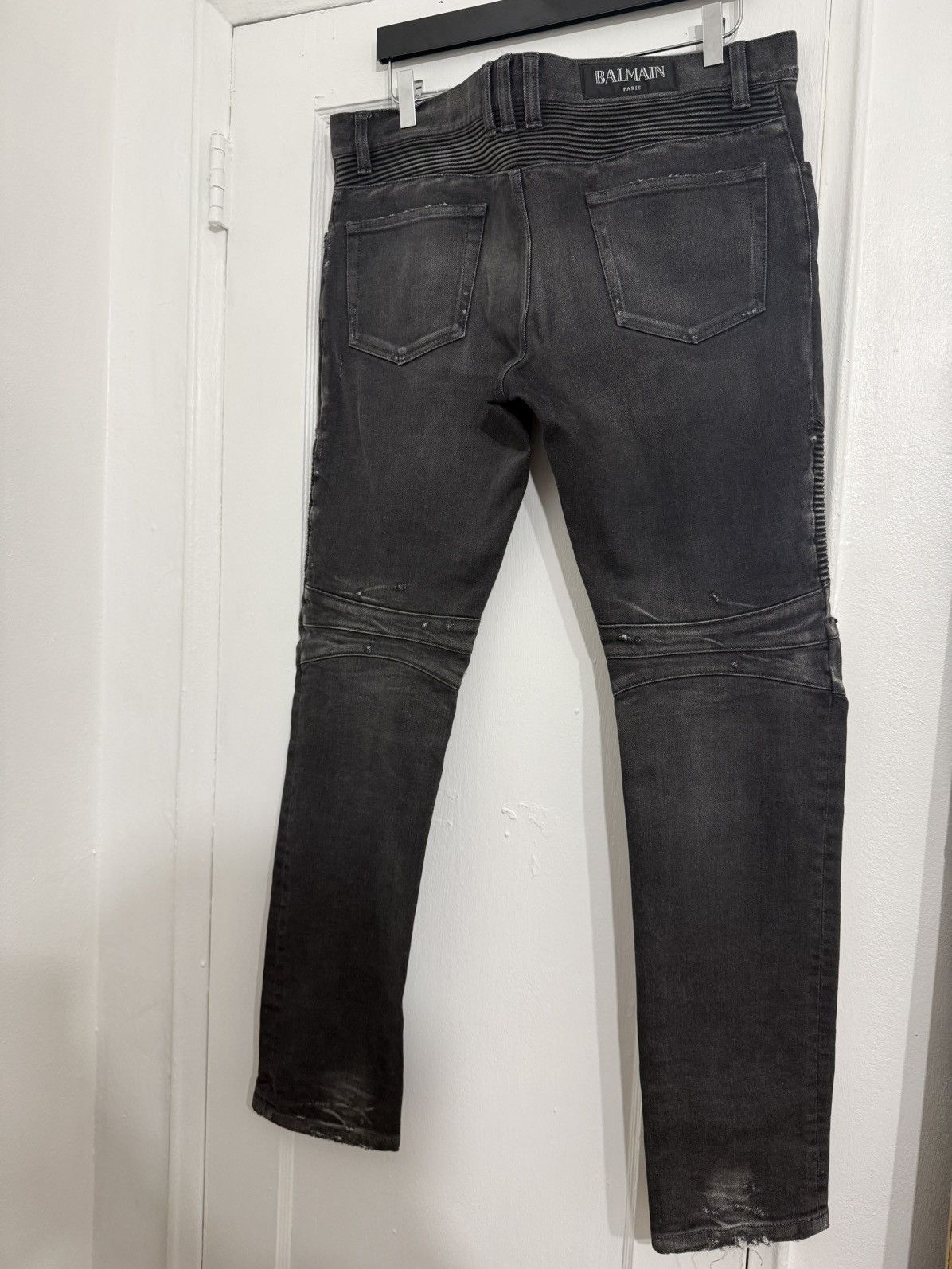 Balmain Distressed Black Biker Denim Size US 33 - 4 Thumbnail