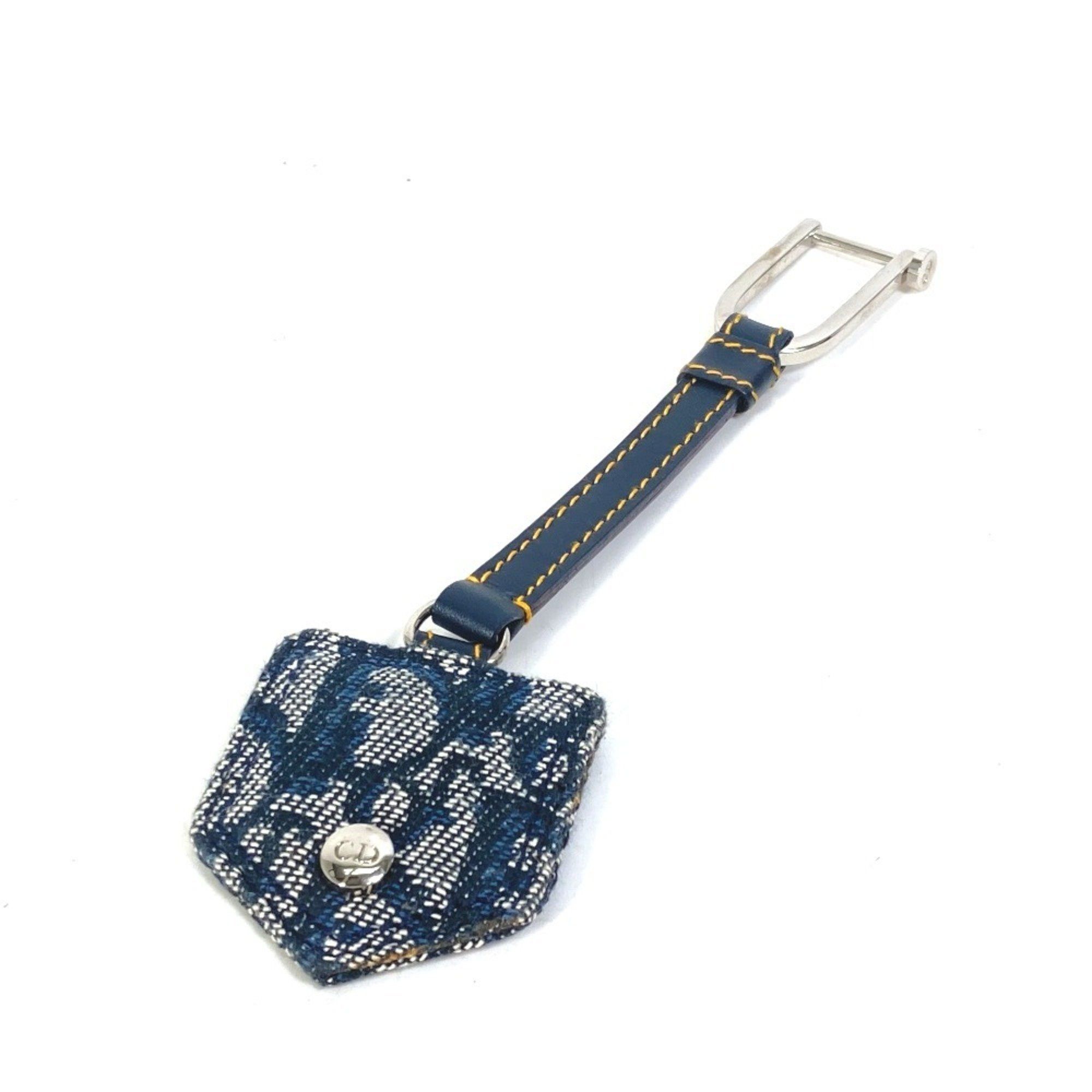 Christian Dior Dior Trotter CD Logo Keychain Bag Charm Key Ring Canvas Leather Women's Navy