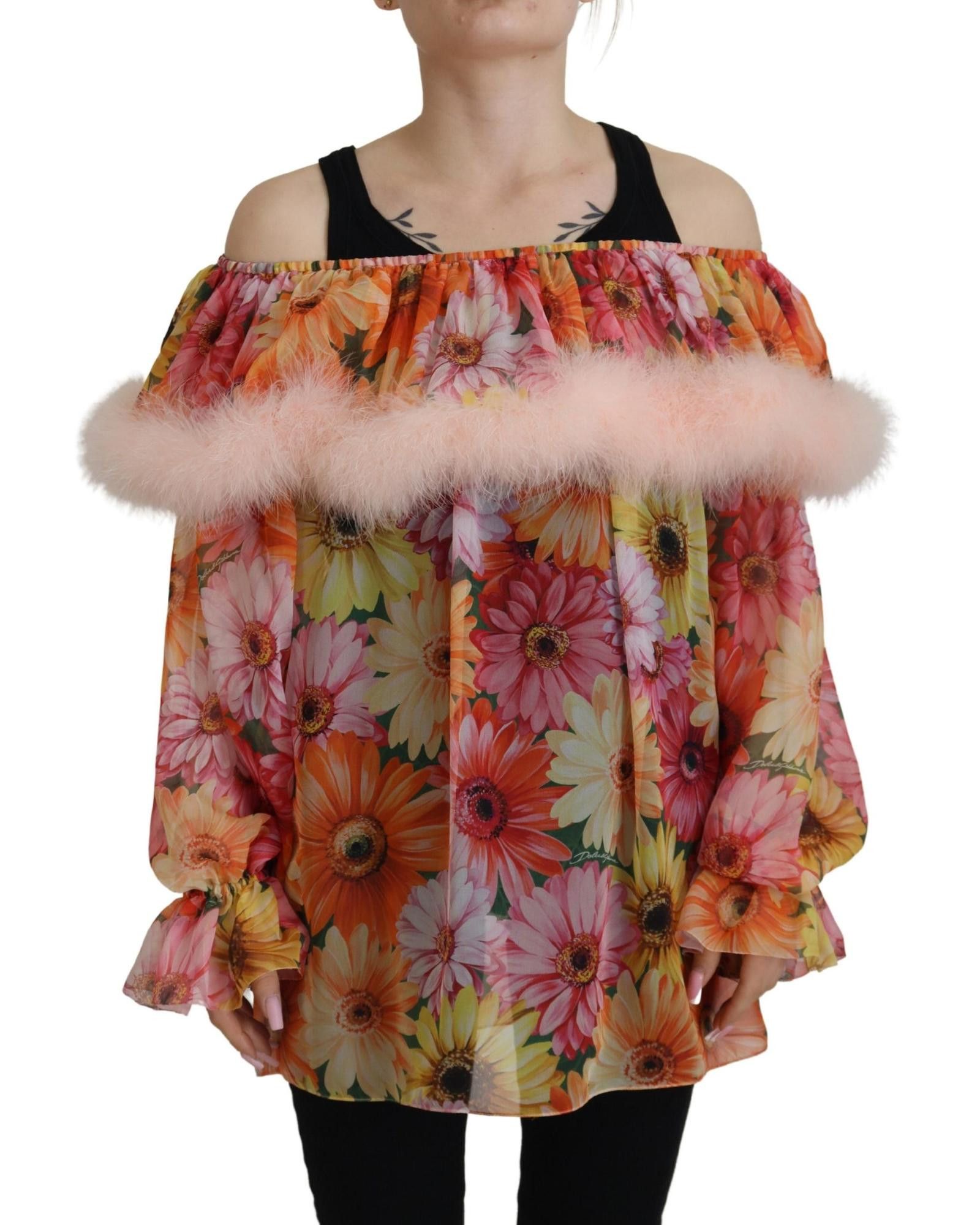 Image of Dolce Gabbana Floral Fur Shearling Blouse Top, Women's (Size Small)