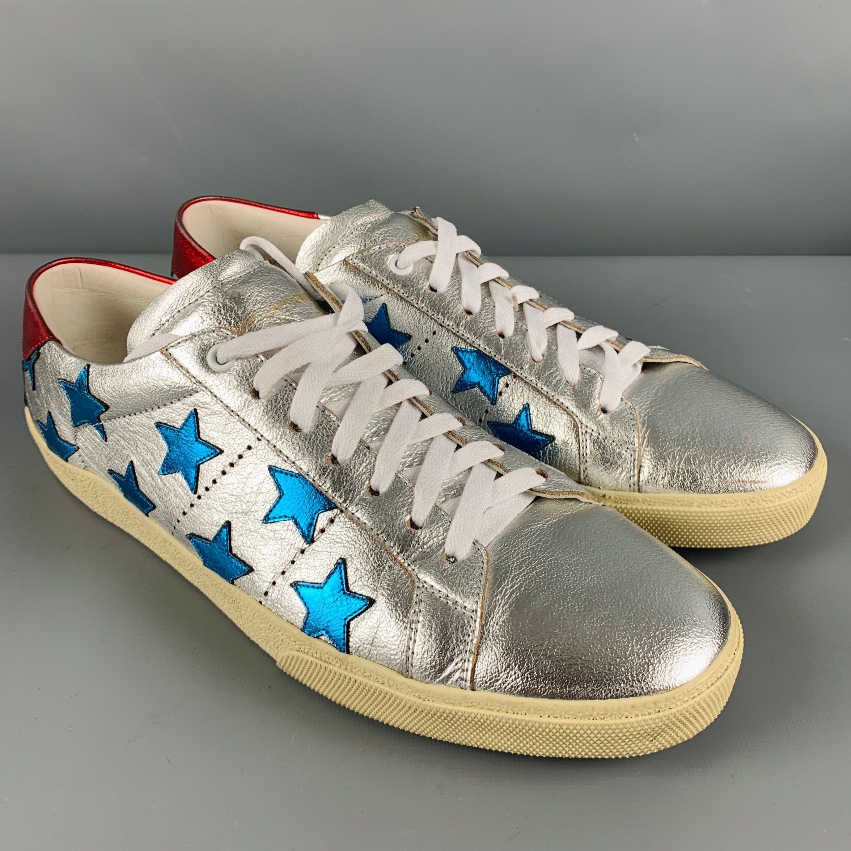 image of Saint Laurent Paris Silver Blue Stars Leather Low Top Sneakers, Men's (Size 11)