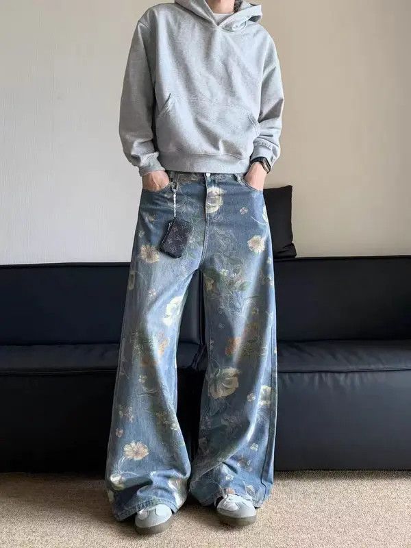 Japanese Brand Kasuga x Kato Washed floral print design baggy jeans Size US 33 - 7 Thumbnail