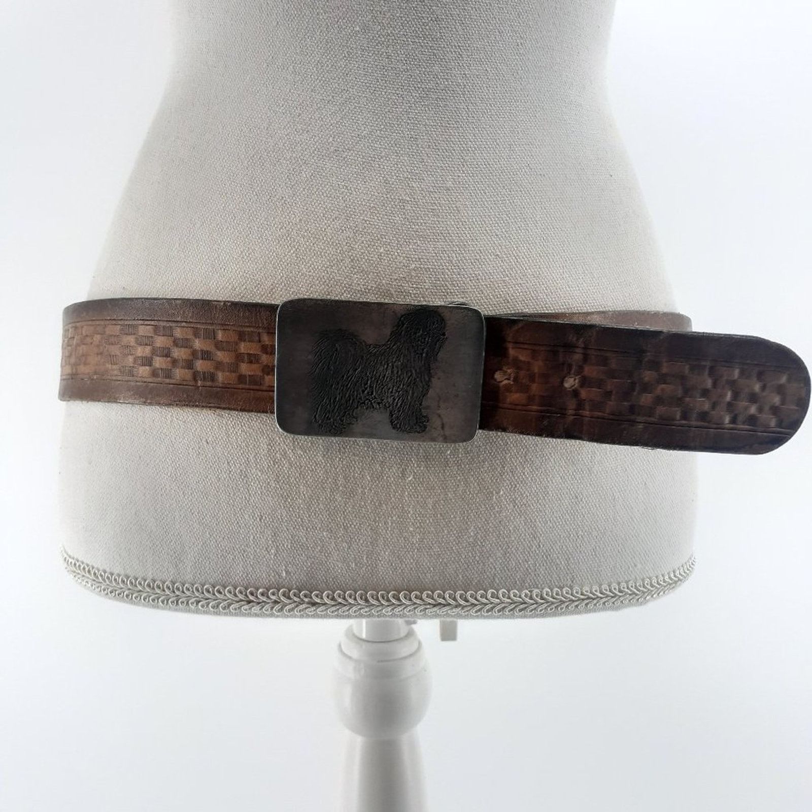 Other Men's Tooled Brown Leather Belt Basket Weave Shaggy Dog 34 Size 34 - 1 Thumbnail