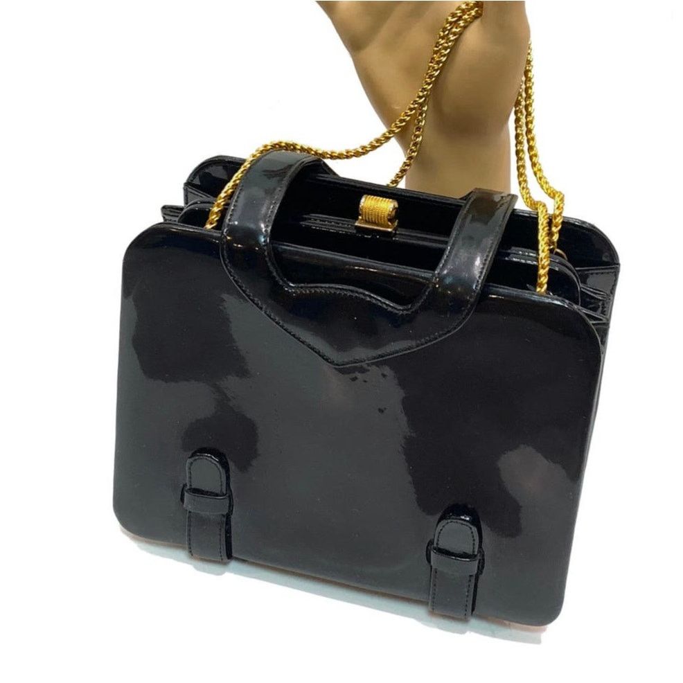 Genuine Leather 60S Black Patent Leather Mod Top Handle Luxury Bag, Women's