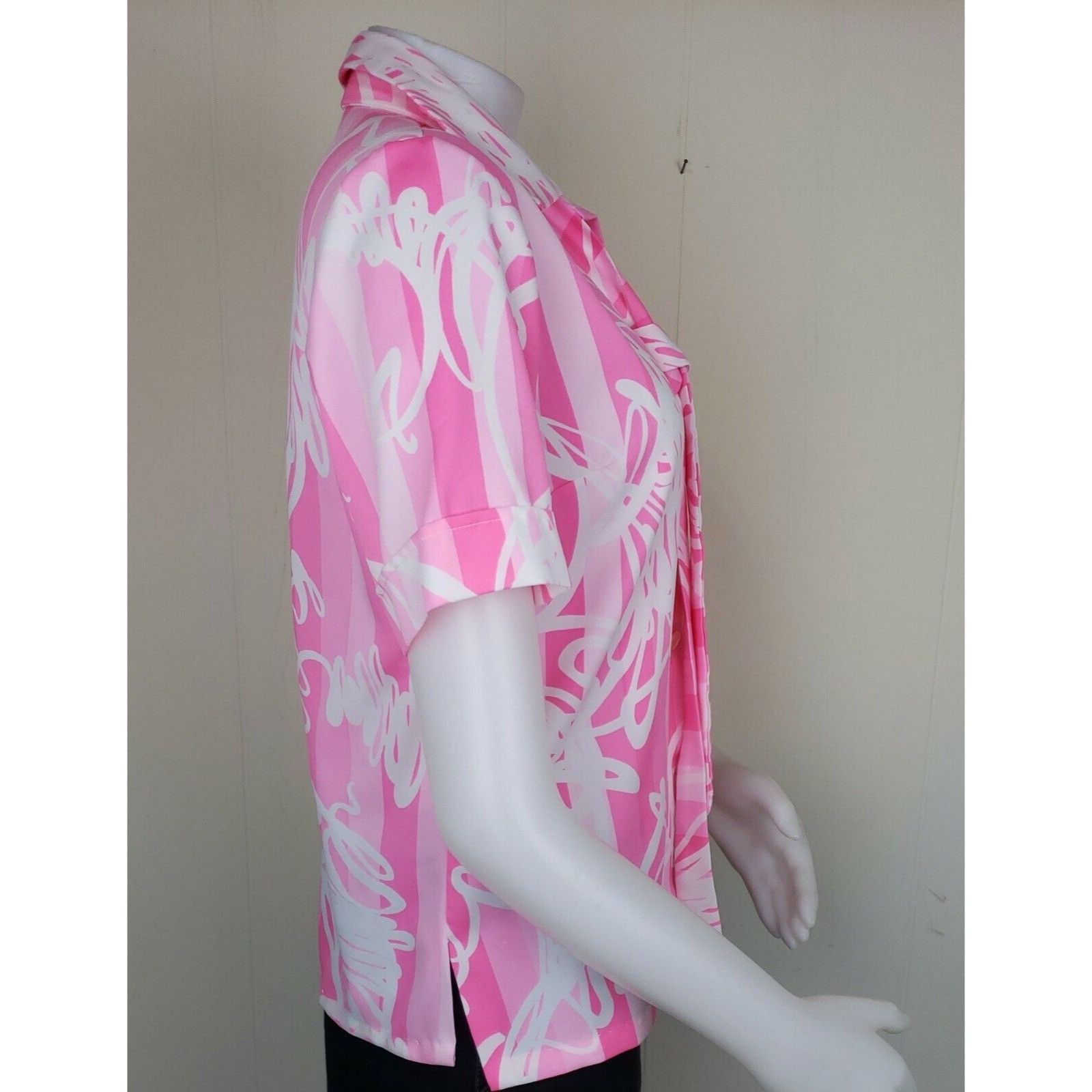Vintage 70s Pussy Bow Top Womens M Pink Floral Polyester Short Sleev Size M / US 6-8 / IT 42-44 - 3 Thumbnail