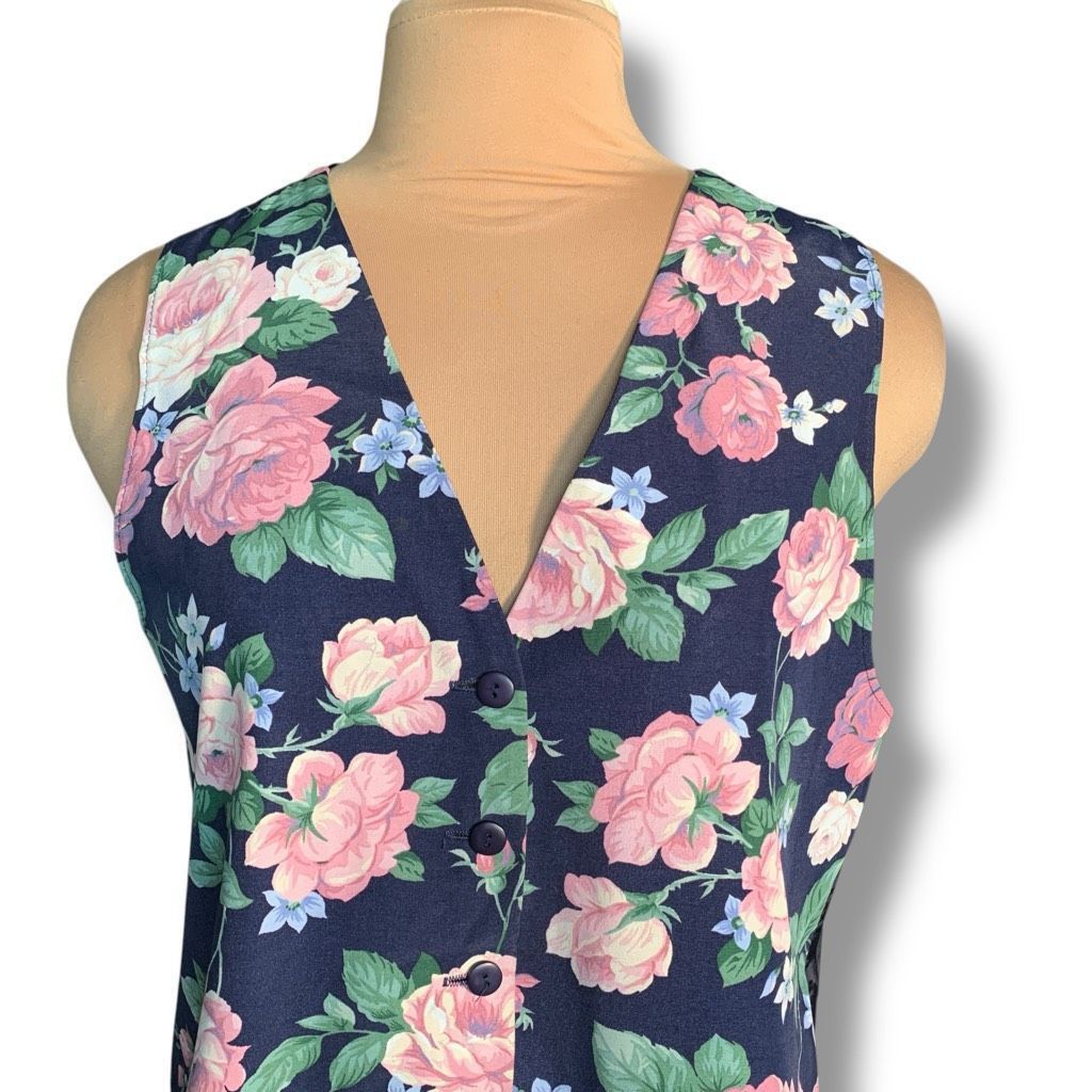 Vintage Vintage 90s Floral Vest Tailored Waistcoat Blue Pink Rose Fl Size M / US 6-8 / IT 42-44 - 3 Thumbnail