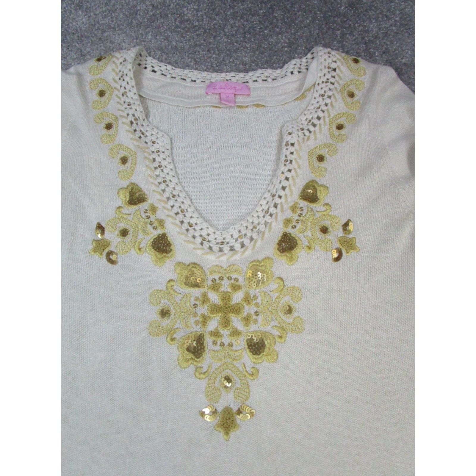 Lilly Pulitzer VINTAGE Lilly Pulitzer Sweater Shirt Womens M Ivory Yellow Knit Tunic V-Neck 3/4 Sleeve Solid 90s Concert Wear Mens? Size M / US 6-8 / IT 42-44 - 2 Thumbnail