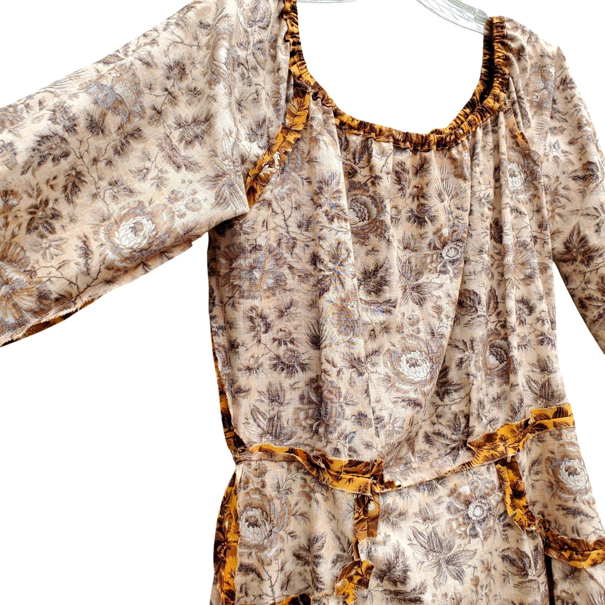 Handmade Vintage 70s Yellow Brown Floral Midi Dress Prairie Boho Autu Size L / US 10 / IT 46 - 8 Thumbnail