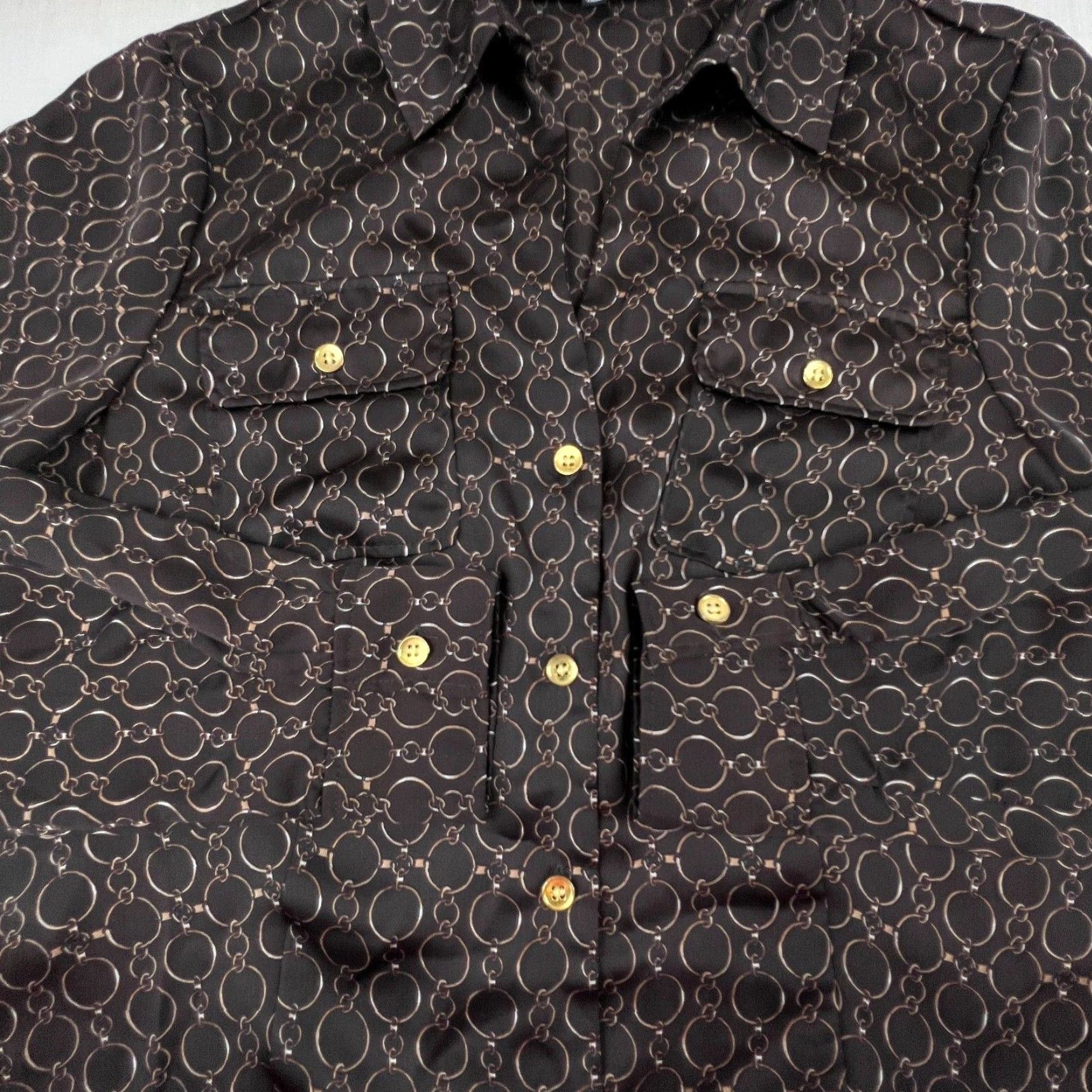 Jones New York Jones New York Womens Satin Top 6 Extra Large XL Brown Gold Chains Button Up Size M / US 6-8 / IT 42-44 - 5 Thumbnail