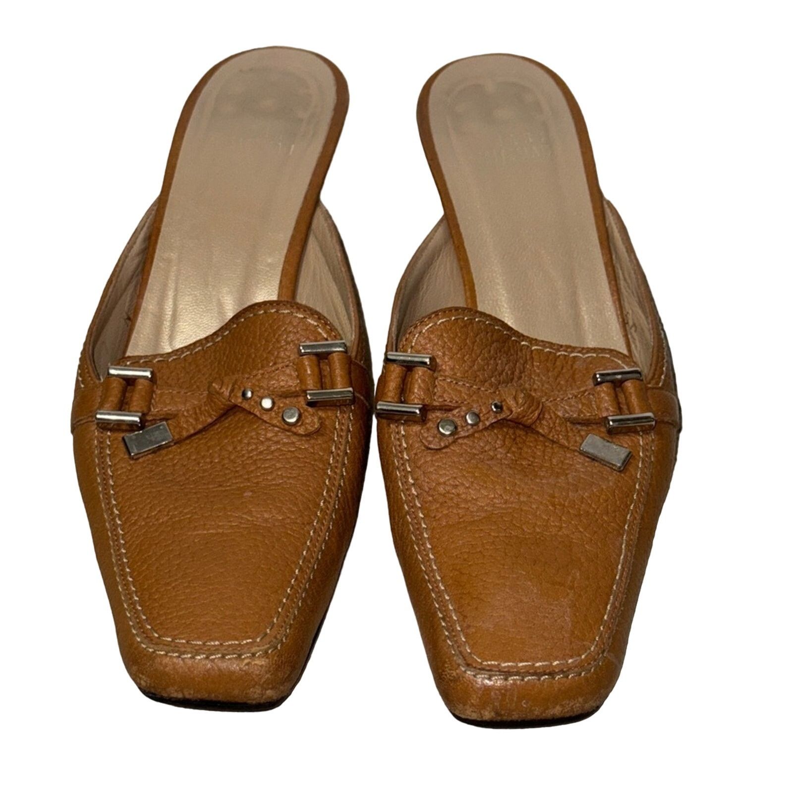 Stuart Weitzman STUART WEITZMAN Square Toe Tan Leather Loafer MULES Size US 7 / IT 37 - 2 Thumbnail