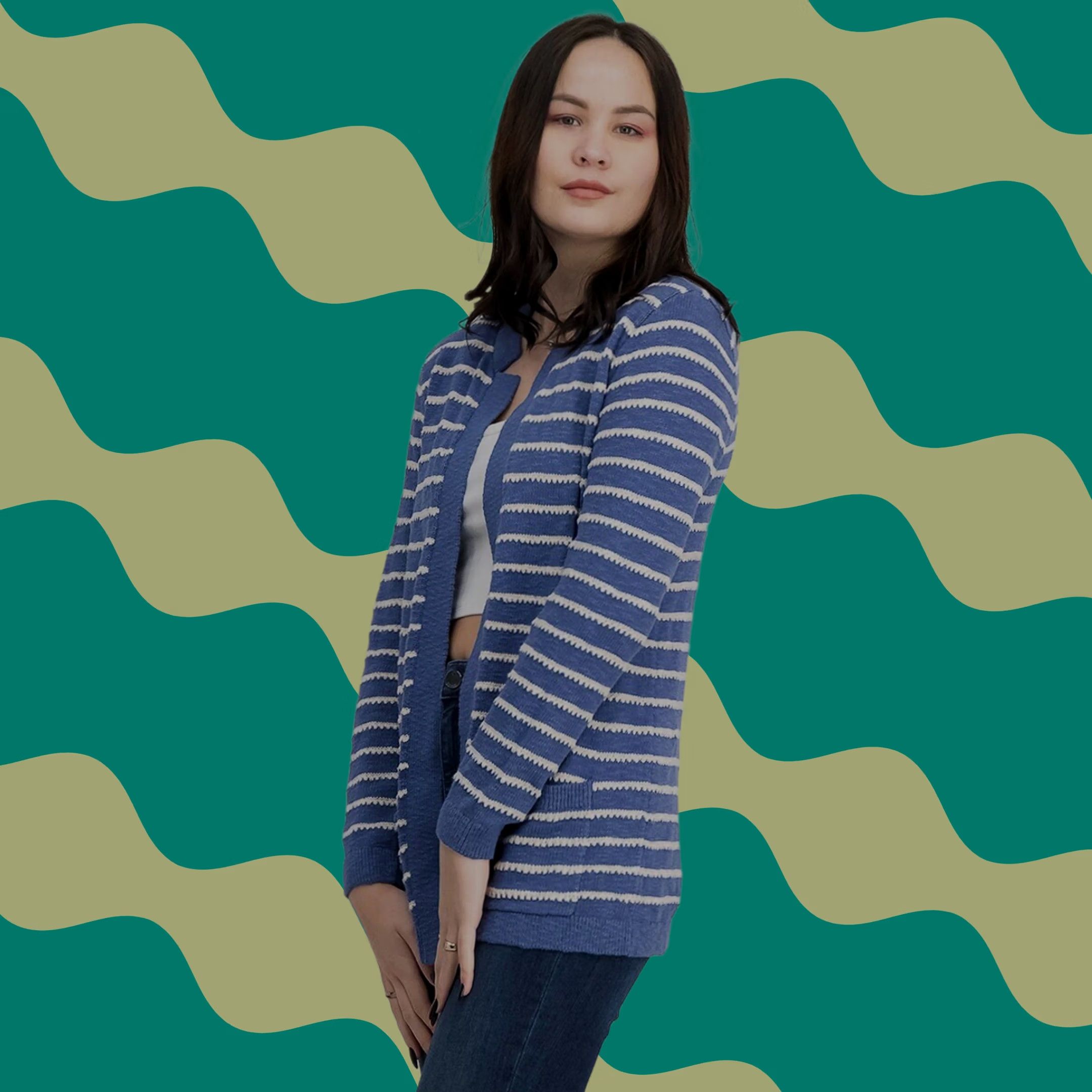 Market Market & Spruce Women Blue/White Stripe Rosey Textured Stitch Cardigan Sweater L Size L / US 10 / IT 46 - 1 Thumbnail