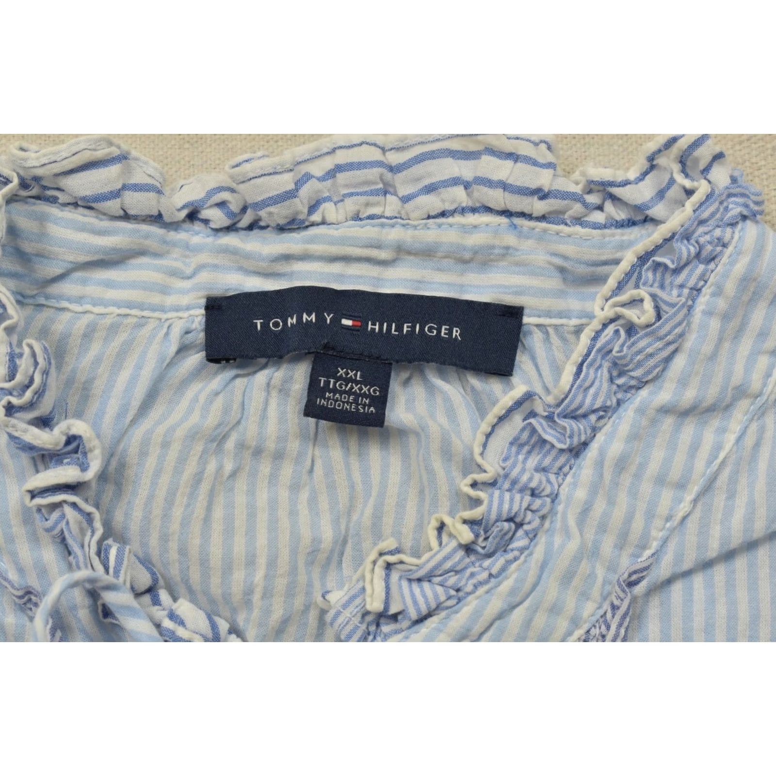 Tommy Hilfiger Tommy Hilfiger Top Blouse Blue Striped Ruffle Neck Tie Front Short Sleeve XXL Womens Size XXL / US 16-18 / IT 52-54 - 5 Thumbnail