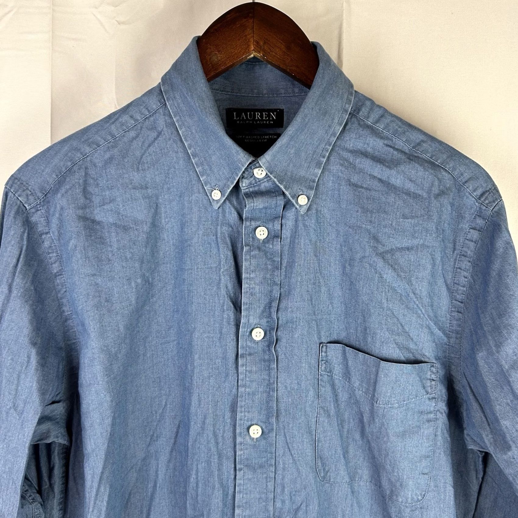 Ralph Lauren VINTAGE Lauren Ralph Lauren Shirt Button-Down 90s Regular Medium Mens Blues Cotton Knit Short/Long Sleeve Solid Pattern Size US M / EU 48-50 / 2 - 2 Thumbnail